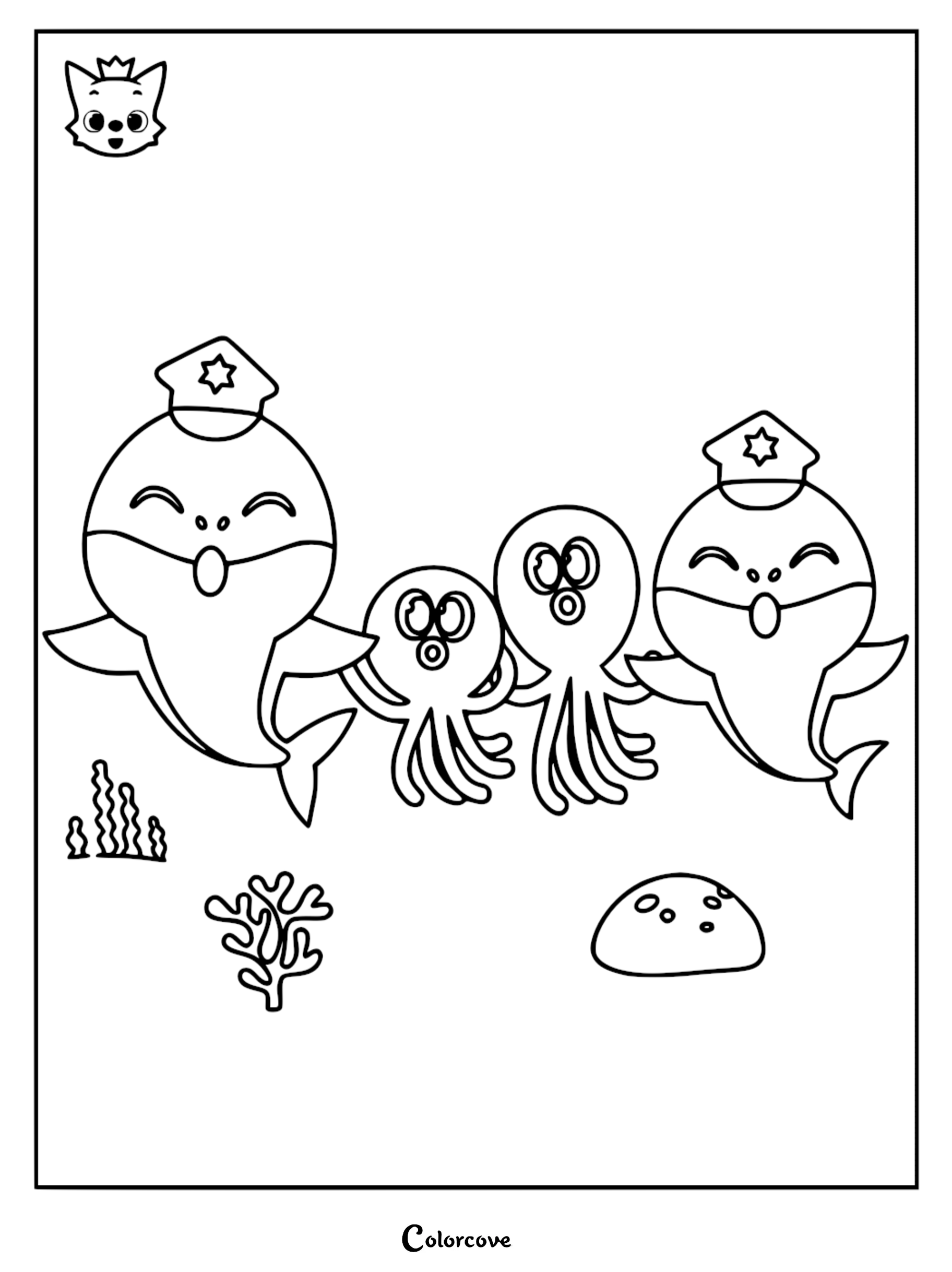 A printable coloring page featuring Baby Shark and Vola wearing police hats, standing together in an underwater scene with seaweed and coral.