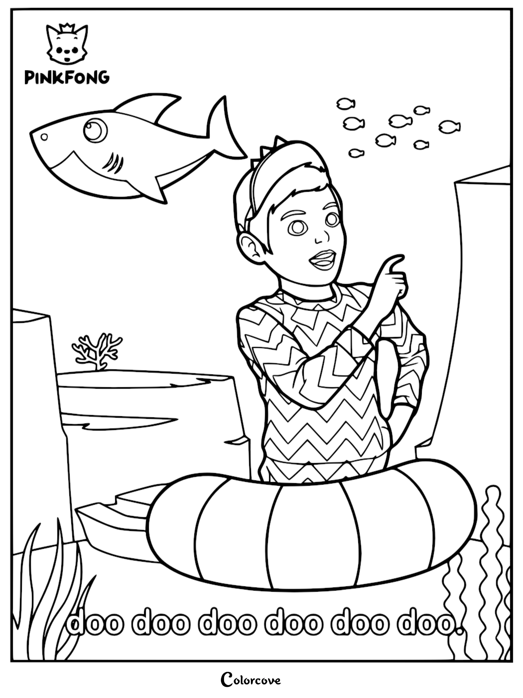 A printable coloring page featuring a young boy in a swim ring pointing at Baby Shark swimming underwater near coral reefs.
