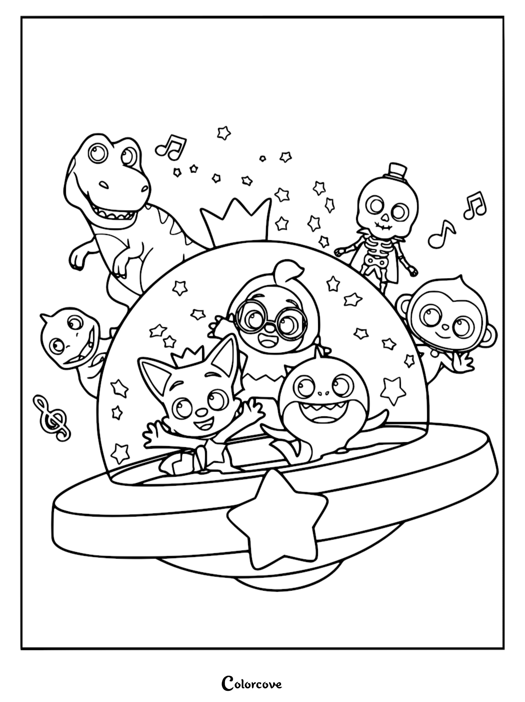 Baby Shark and Pinkfong inside a flying saucer with friends, a printable coloring page featuring a T-Rex, skeleton, and monkey.