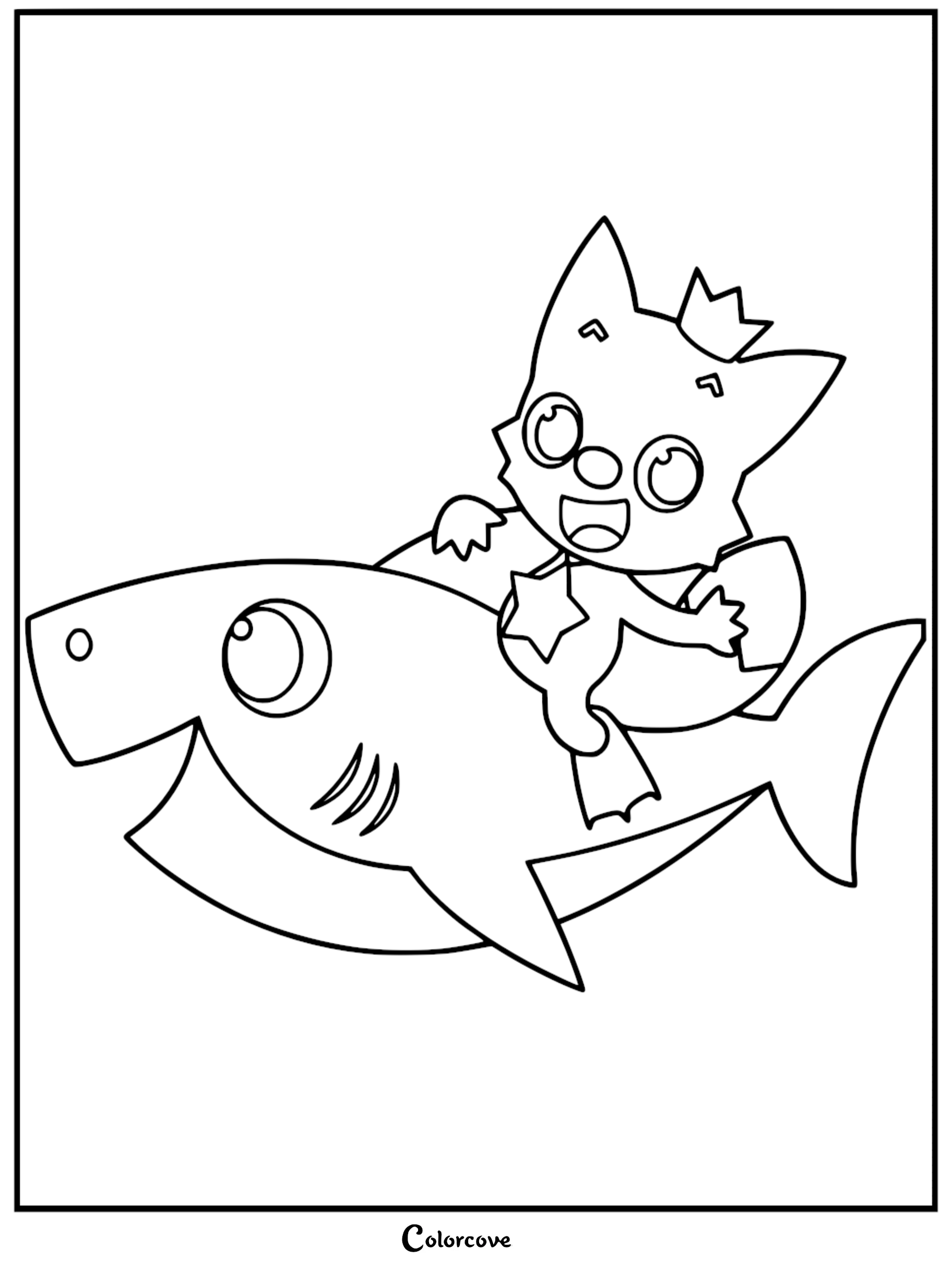 A printable coloring page featuring Baby Shark swimming while Pinkfong rides on his back wearing a star badge and crown.
