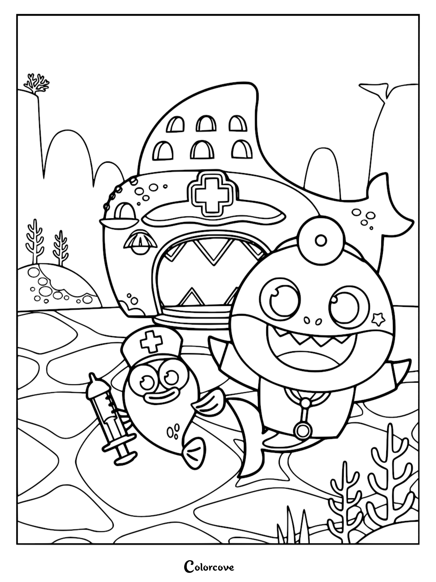 Baby Shark wearing a stethoscope and William holding a syringe in front of a shark-shaped hospital building in this printable coloring page.
