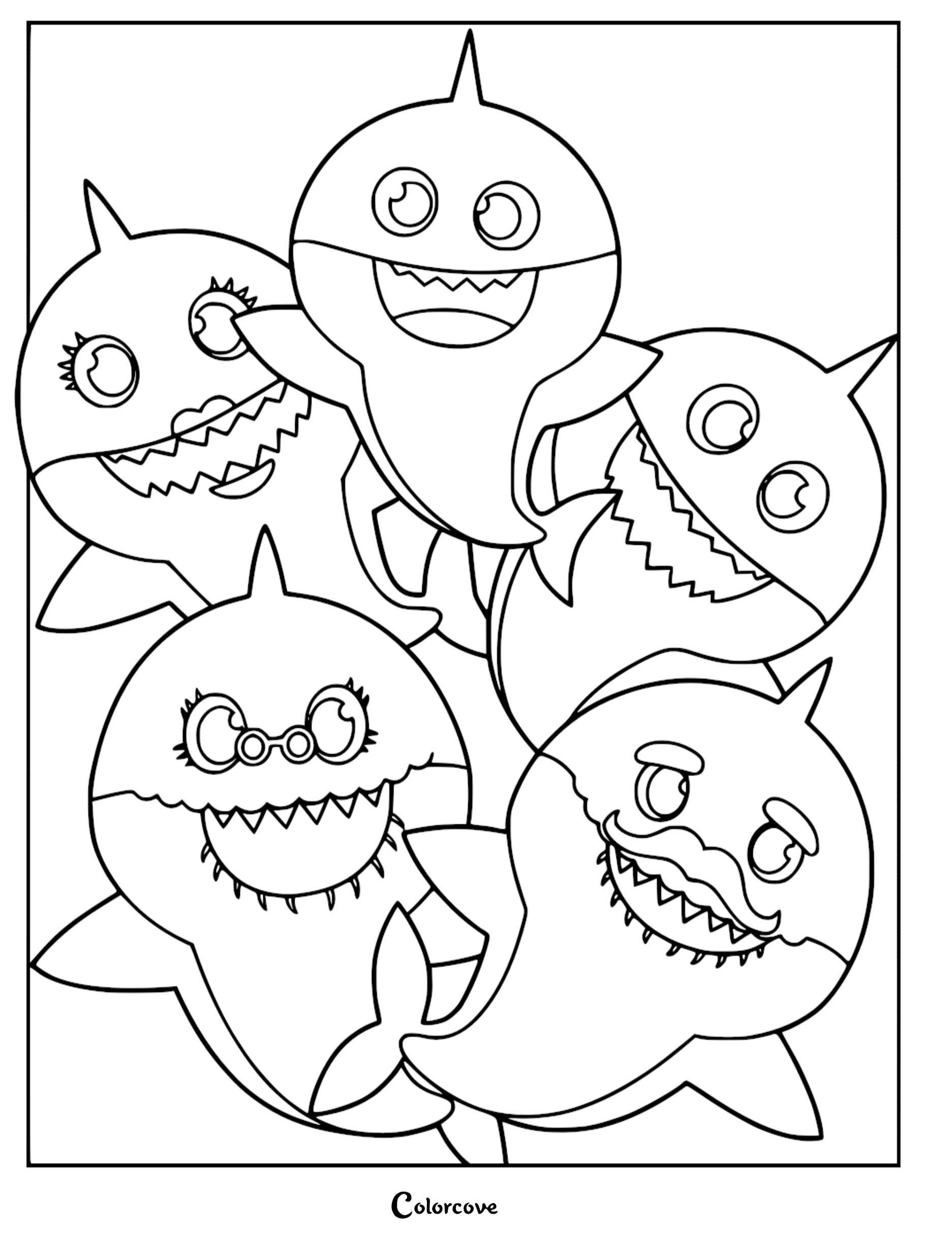 The Shark Family including Baby Shark, Mommy Shark, Daddy Shark, Grandma Shark, and Grandpa Shark in a group coloring page.
