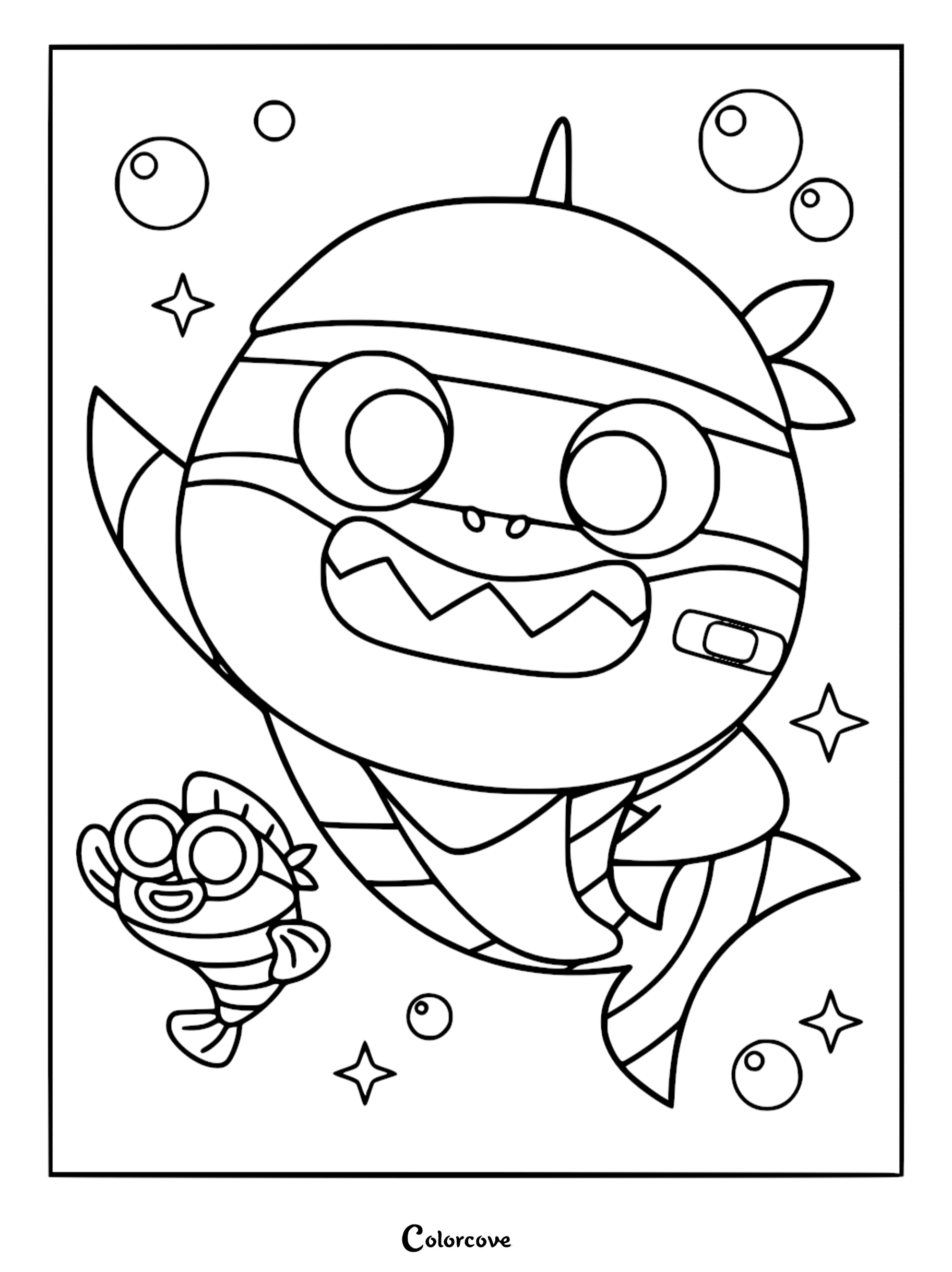 Baby Shark wearing a bandana and bandage on his cheek waving next to William in this printable coloring page.