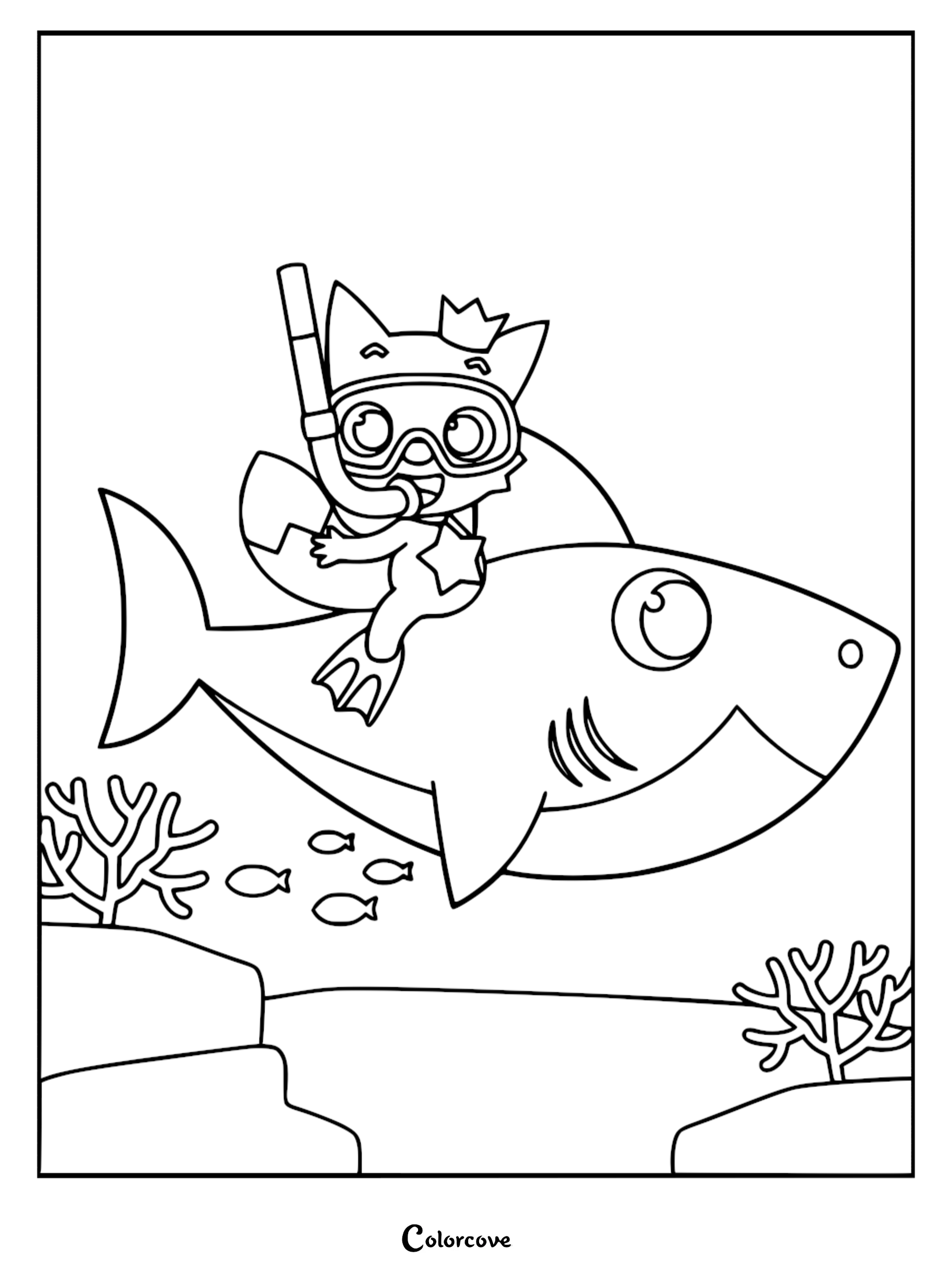 Pinkfong wearing a snorkel mask and flippers riding on the back of Baby Shark in this printable coloring page.