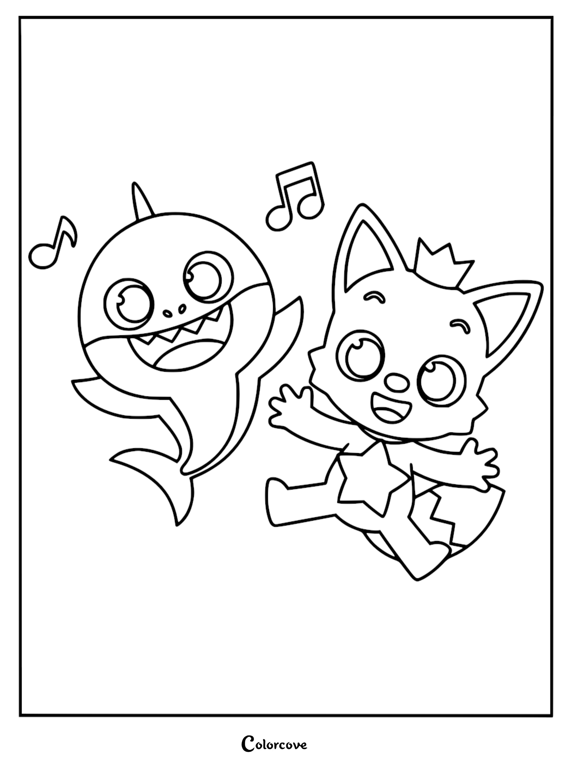 Baby Shark and Pinkfong dancing together with musical notes in this printable coloring page.