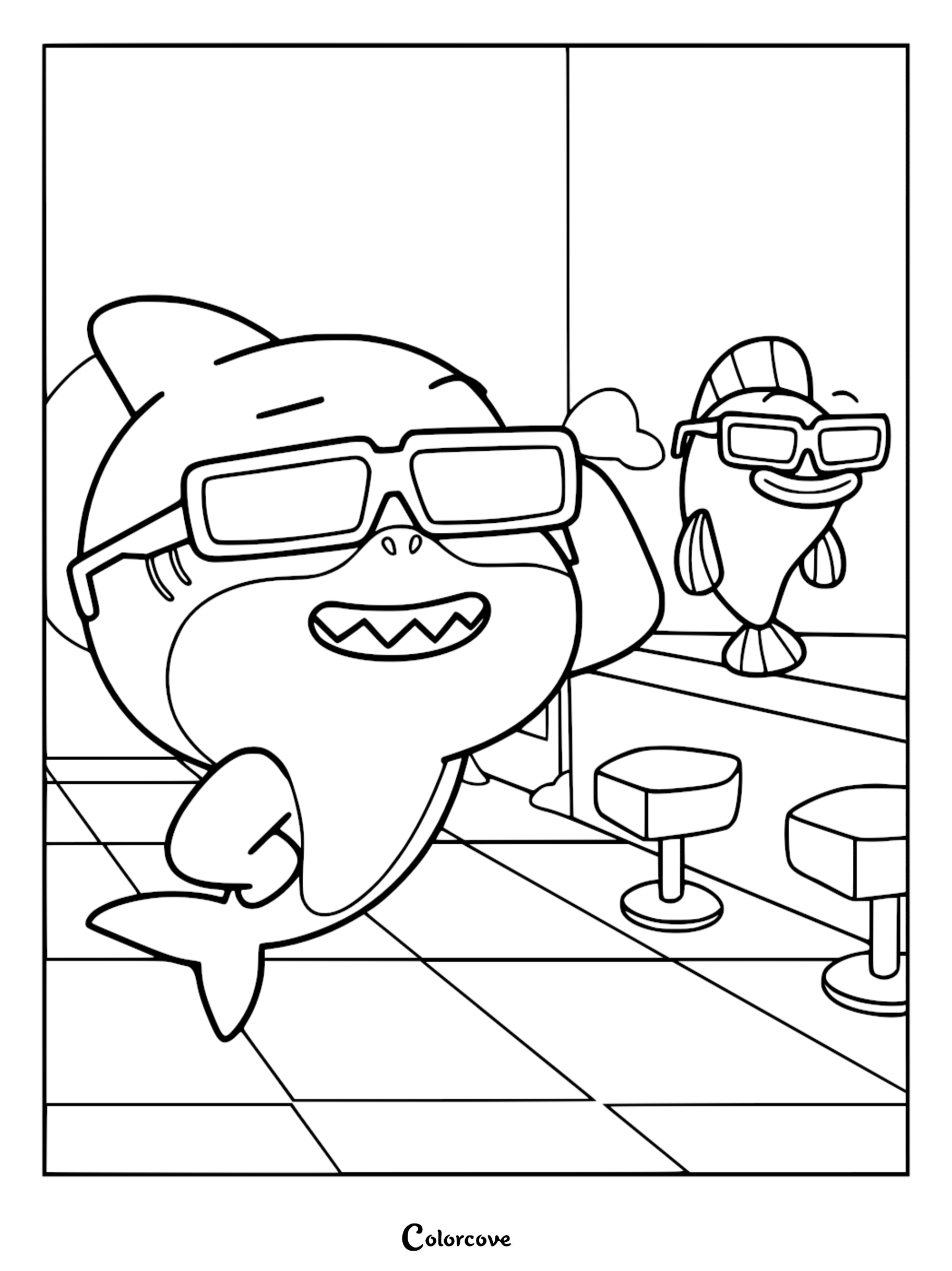 Baby Shark and William wearing 3D glasses in a diner setting, printable coloring page for kids.