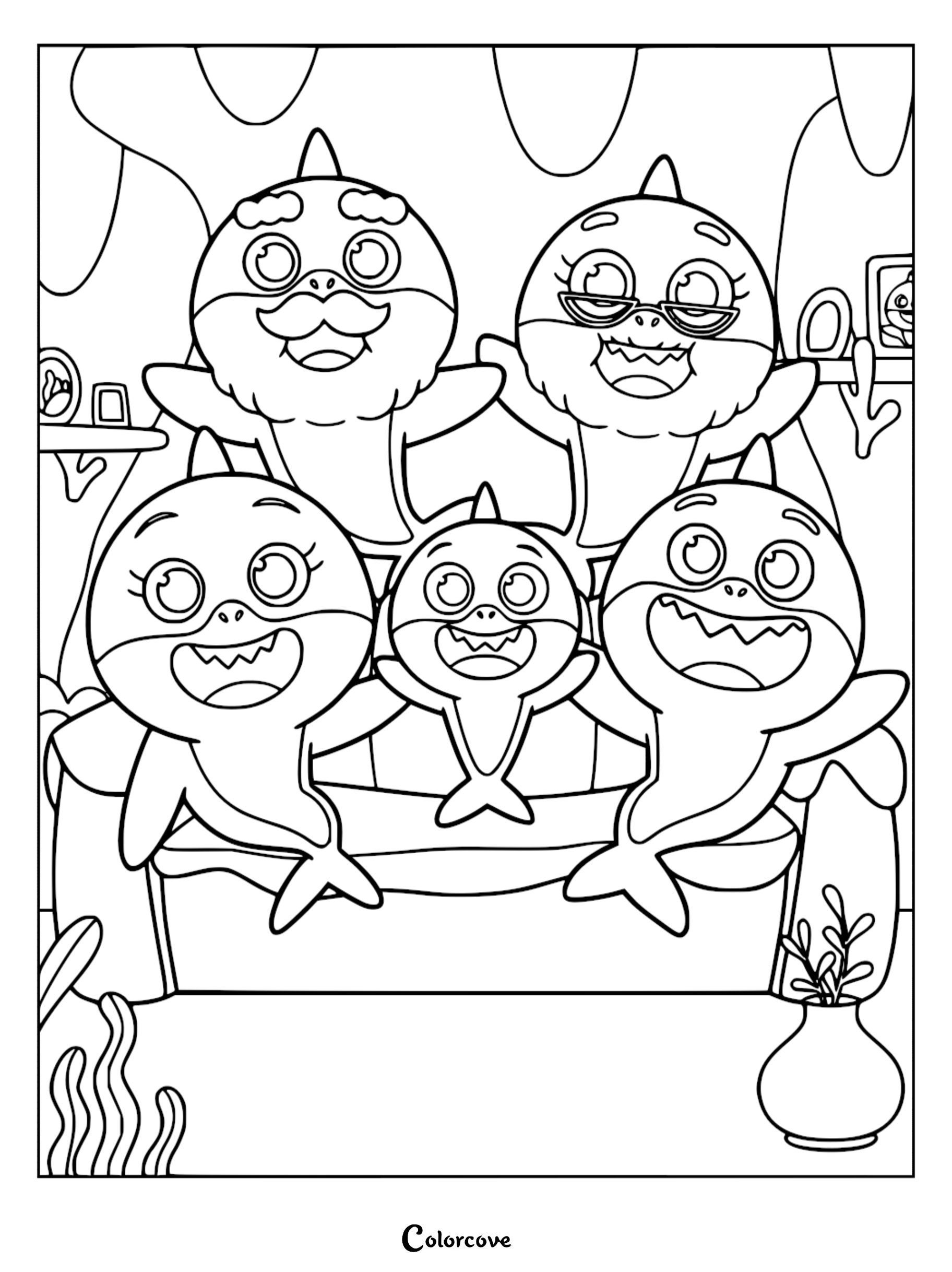 Baby Shark, Mommy Shark, Daddy Shark, Grandma Shark, and Grandpa Shark sitting together on a couch in this printable coloring page.