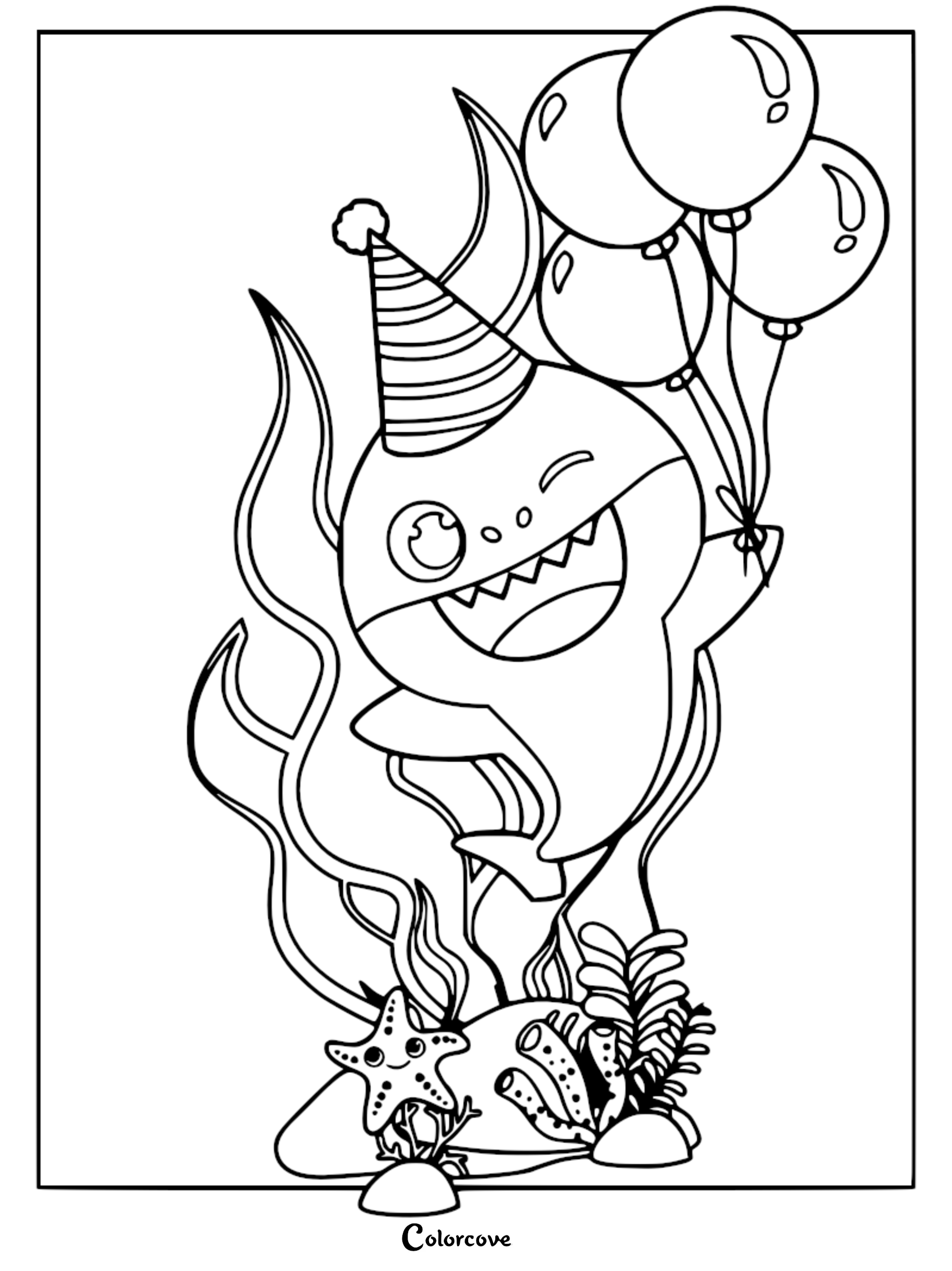 Baby Shark wearing a striped party hat and holding a bunch of balloons in this printable coloring page featuring seaweed and a starfish.