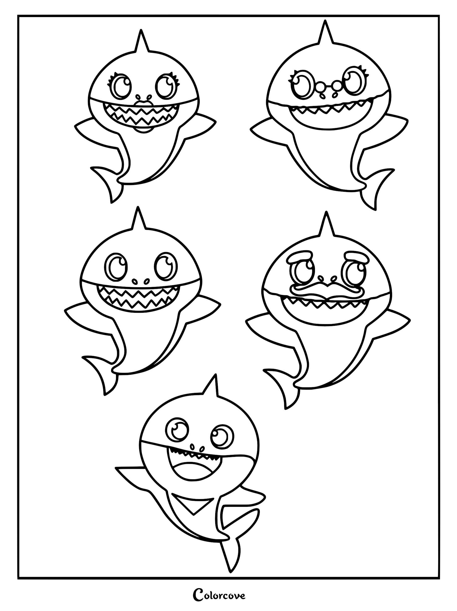 A printable coloring page featuring Mommy Shark, Grandma Shark, Daddy Shark, Grandpa Shark, and Baby Shark together.