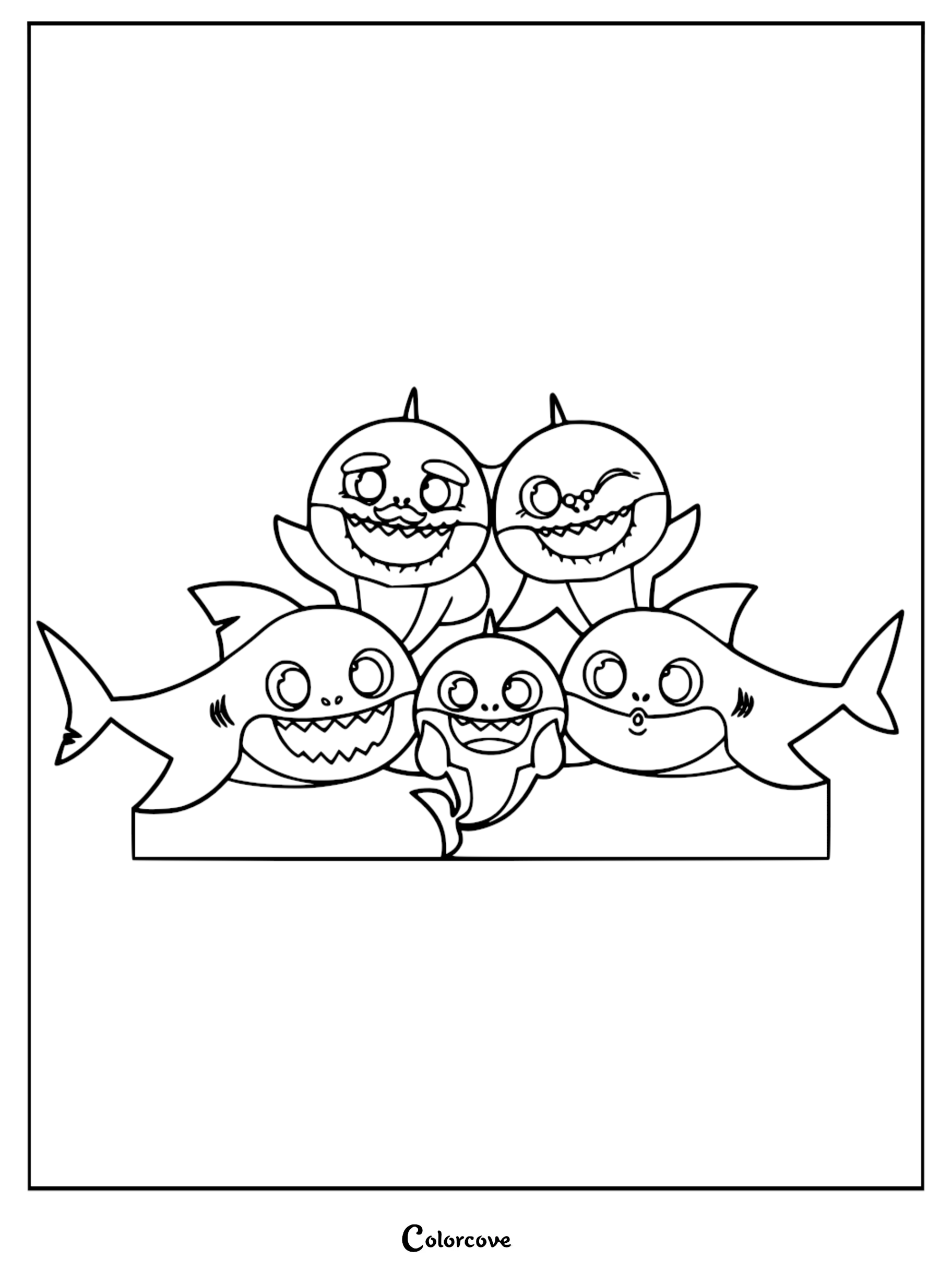A printable coloring page featuring Grandpa Shark with his mustache, Grandma Shark with glasses, Daddy Shark, Mommy Shark, and Baby Shark posing together.