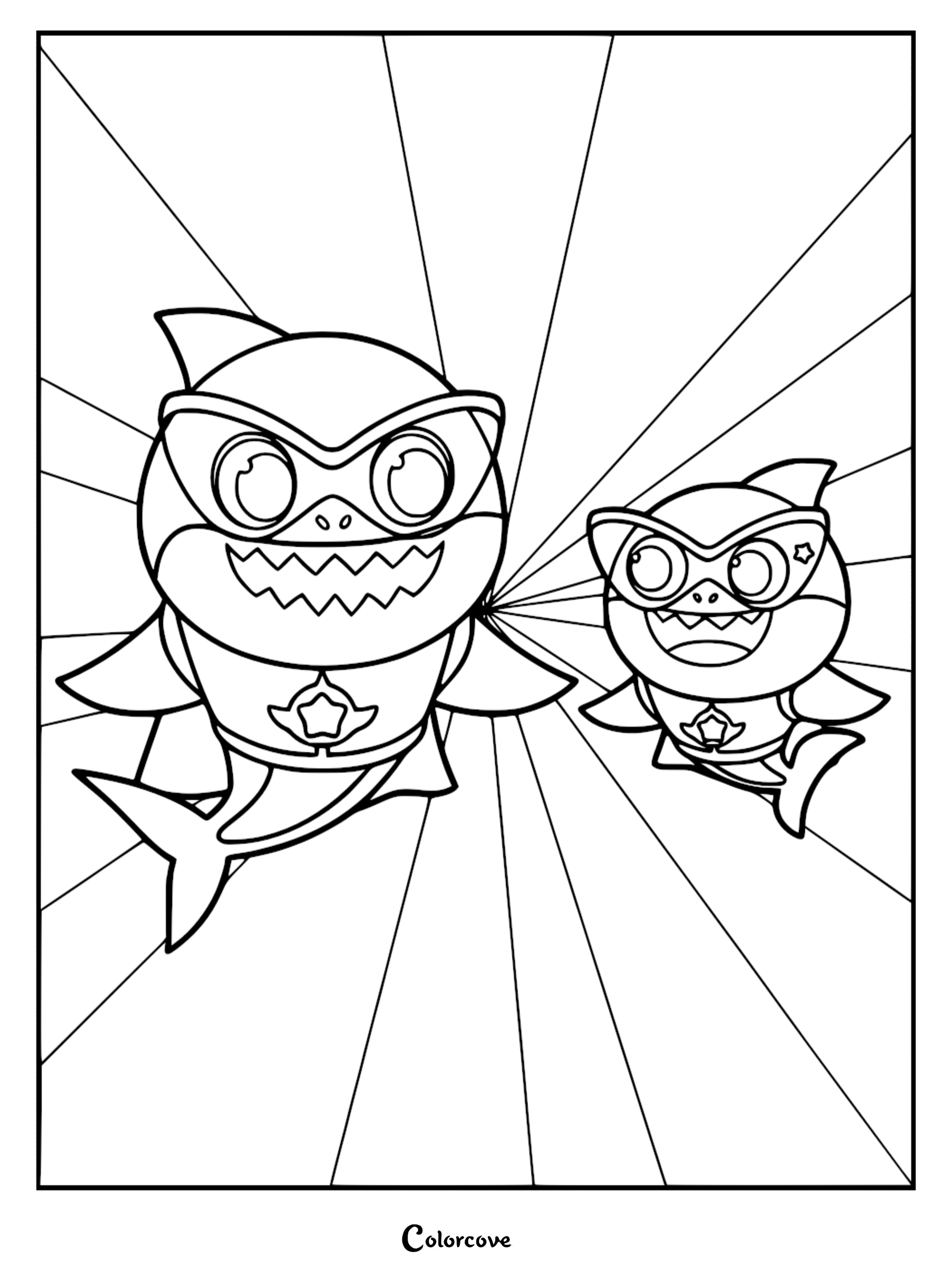 Baby Shark and Daddy Shark dressed as superheroes with capes and masks in this printable coloring page.