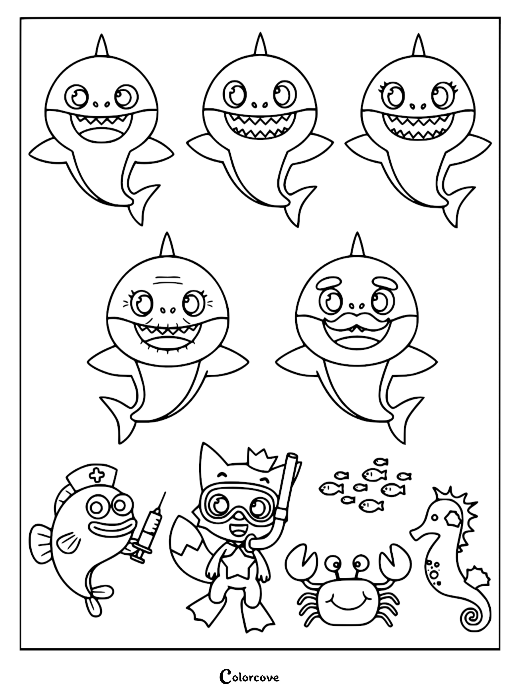 A printable coloring page featuring Baby Shark, Mommy Shark, Daddy Shark, Grandma Shark, and Grandpa Shark alongside various sea creature friends.
