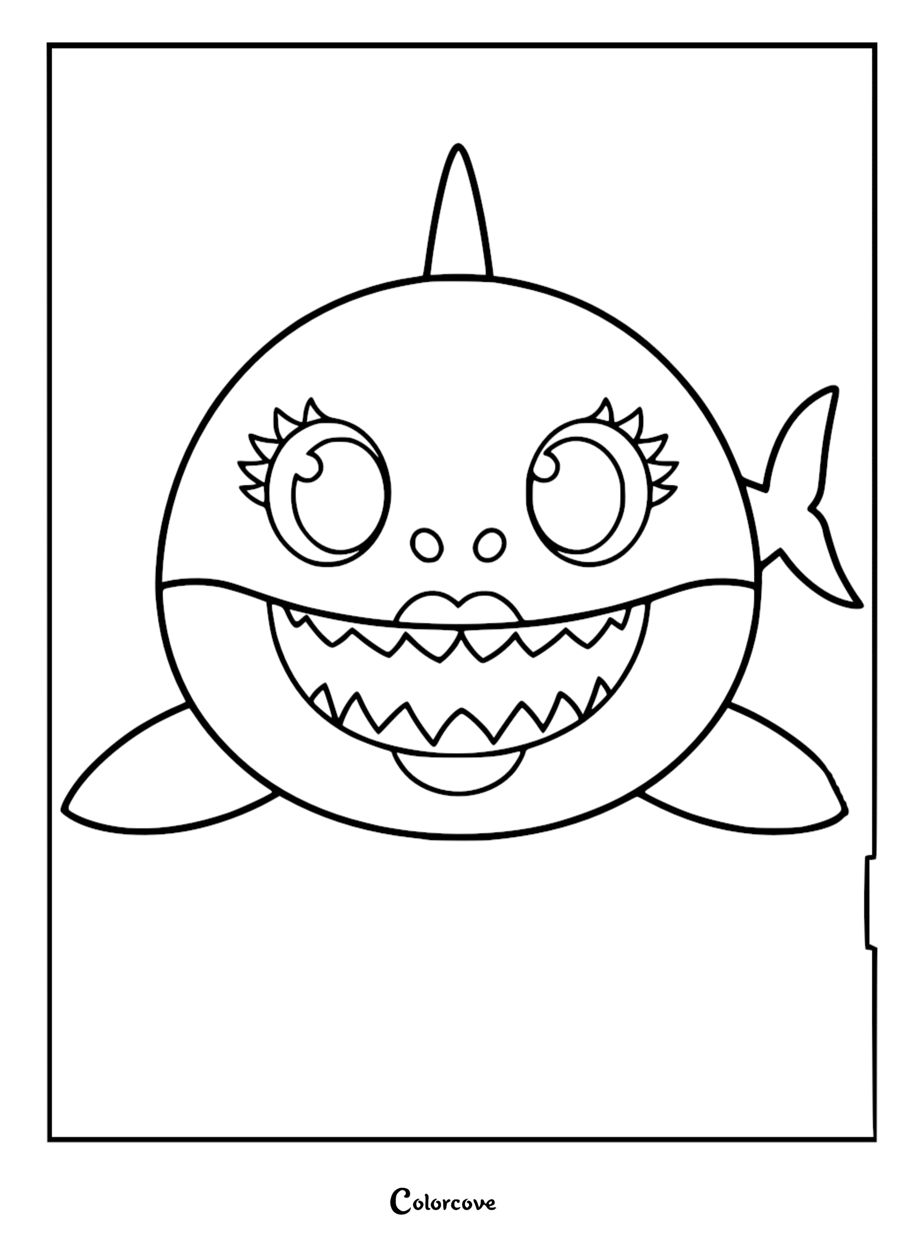 Mommy Shark with thick eyelashes and stylized lips in a printable coloring page format.
