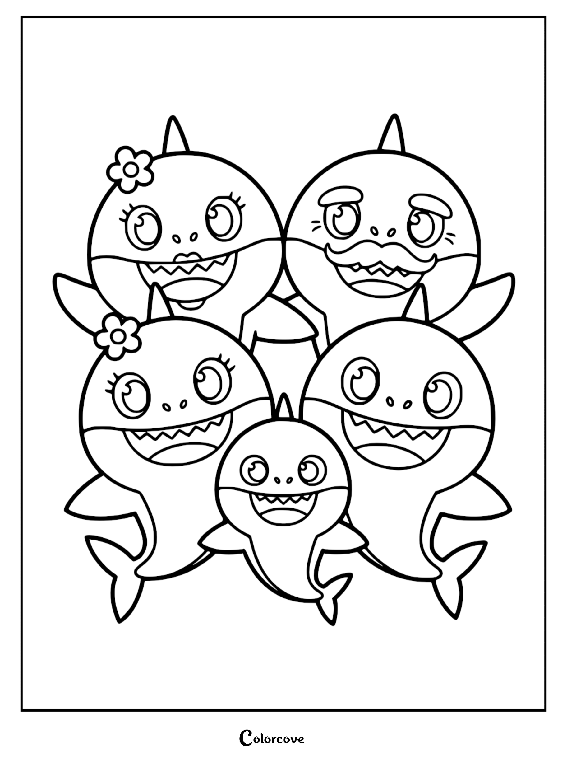 A printable coloring page featuring Baby Shark, Mommy Shark, Daddy Shark, Grandma Shark, and Grandpa Shark smiling together.