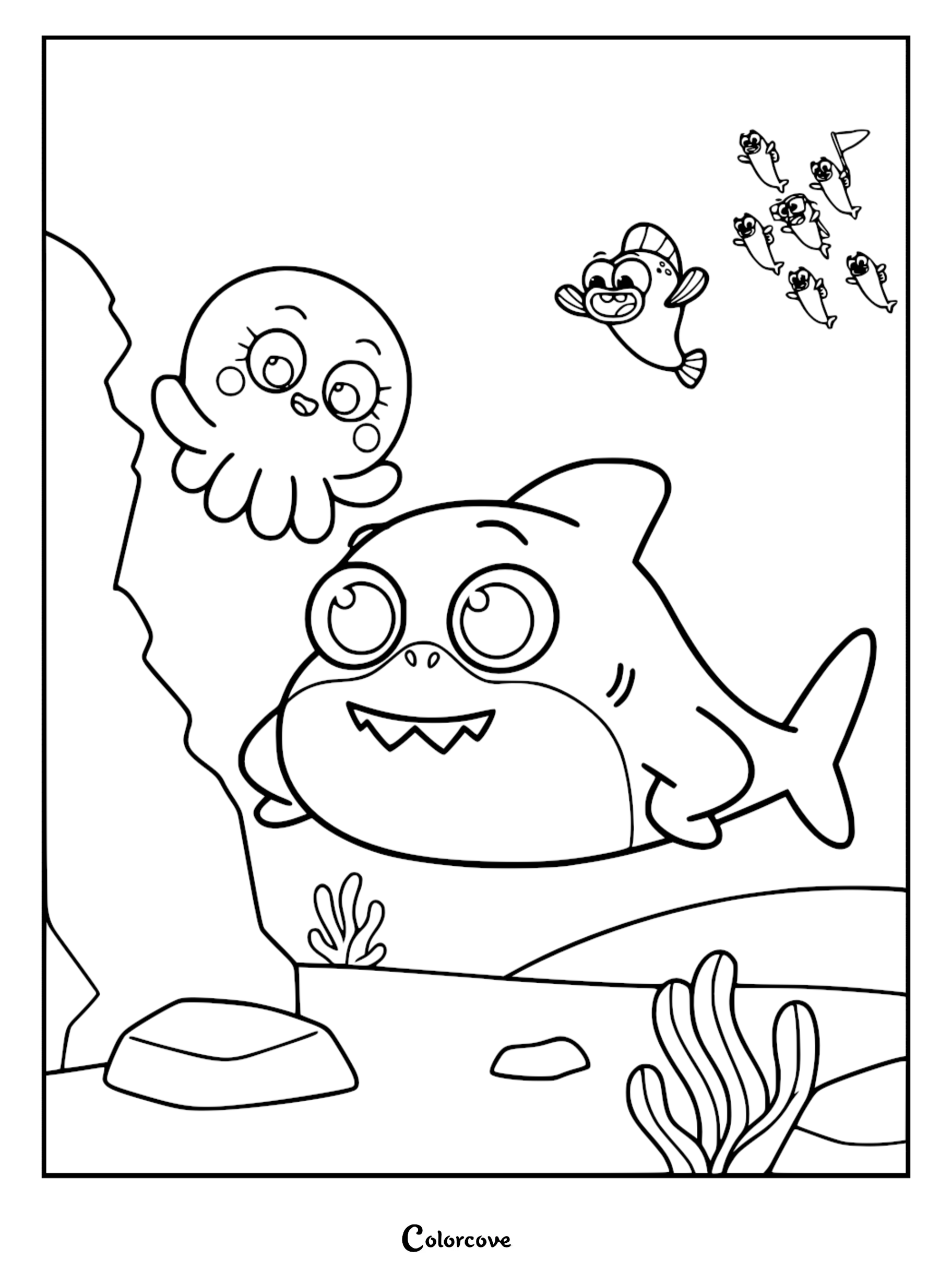 Baby Shark swimming underwater with Vola and William in this printable coloring page featuring a rocky ocean floor.