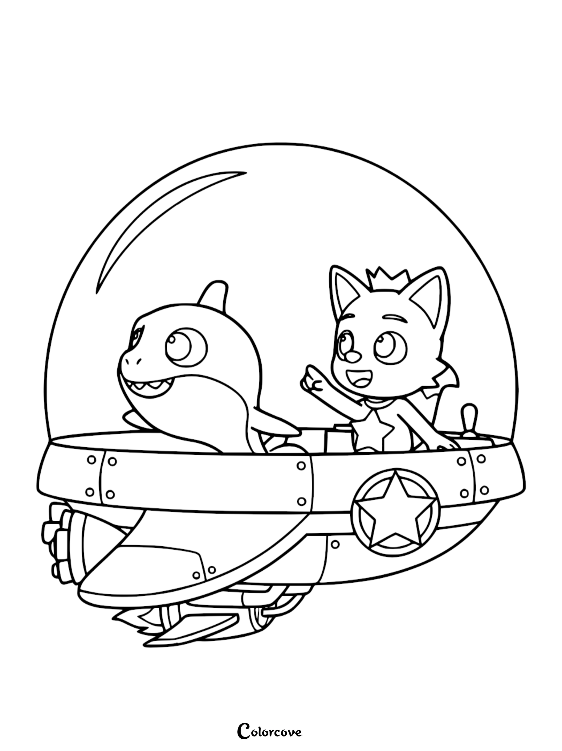 Baby Shark and Pinkfong sitting inside a round spaceship cockpit, line art coloring page for kids.