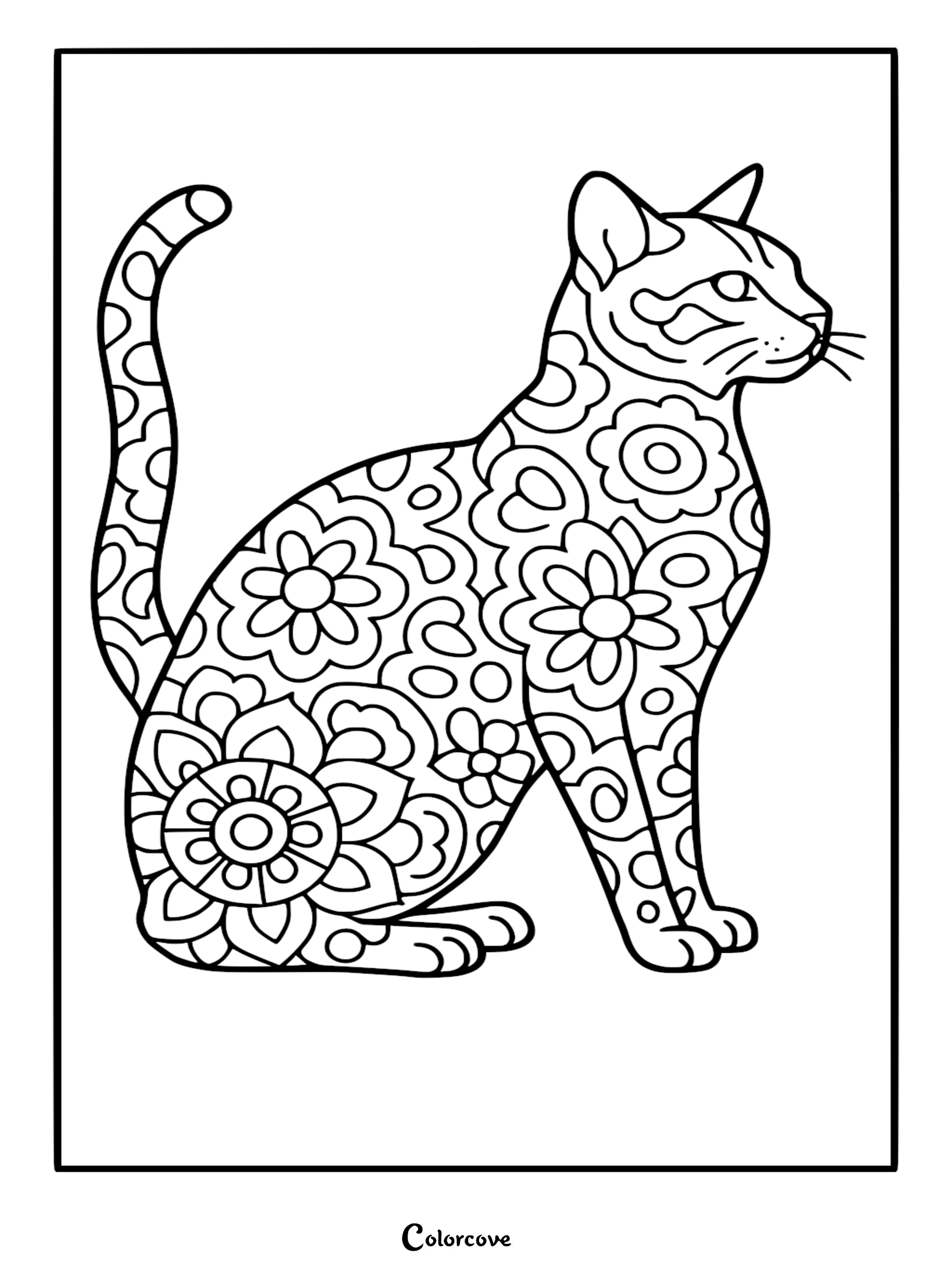 A sitting Bengal cat with intricate floral mandala patterns on its fur in this free printable coloring page.