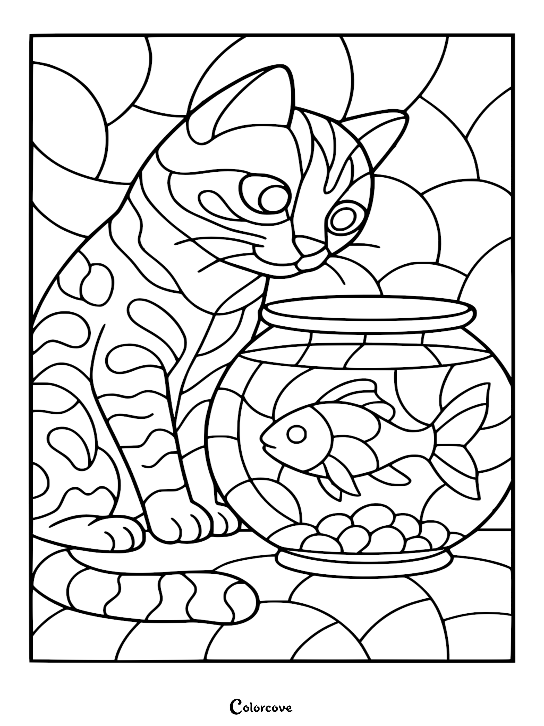A stained glass style Bengal Cat coloring page featuring a spotted cat watching a goldfish in a bowl.
