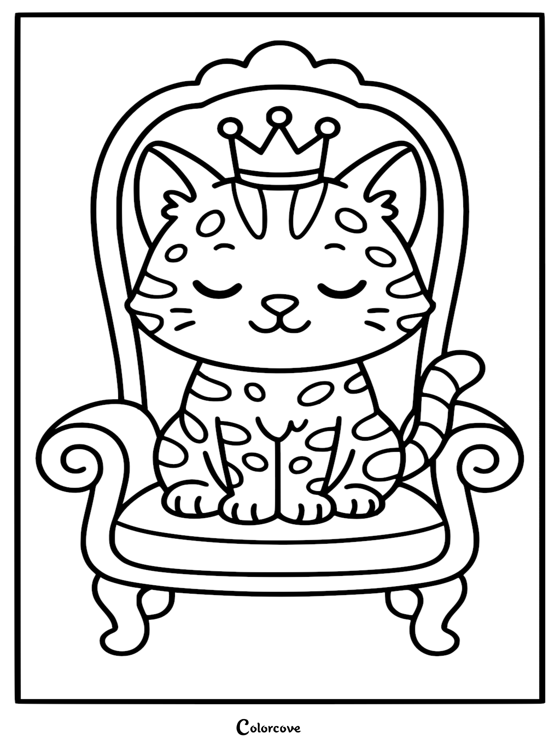 A cute Bengal cat wearing a crown sitting on a royal throne in this printable coloring page.