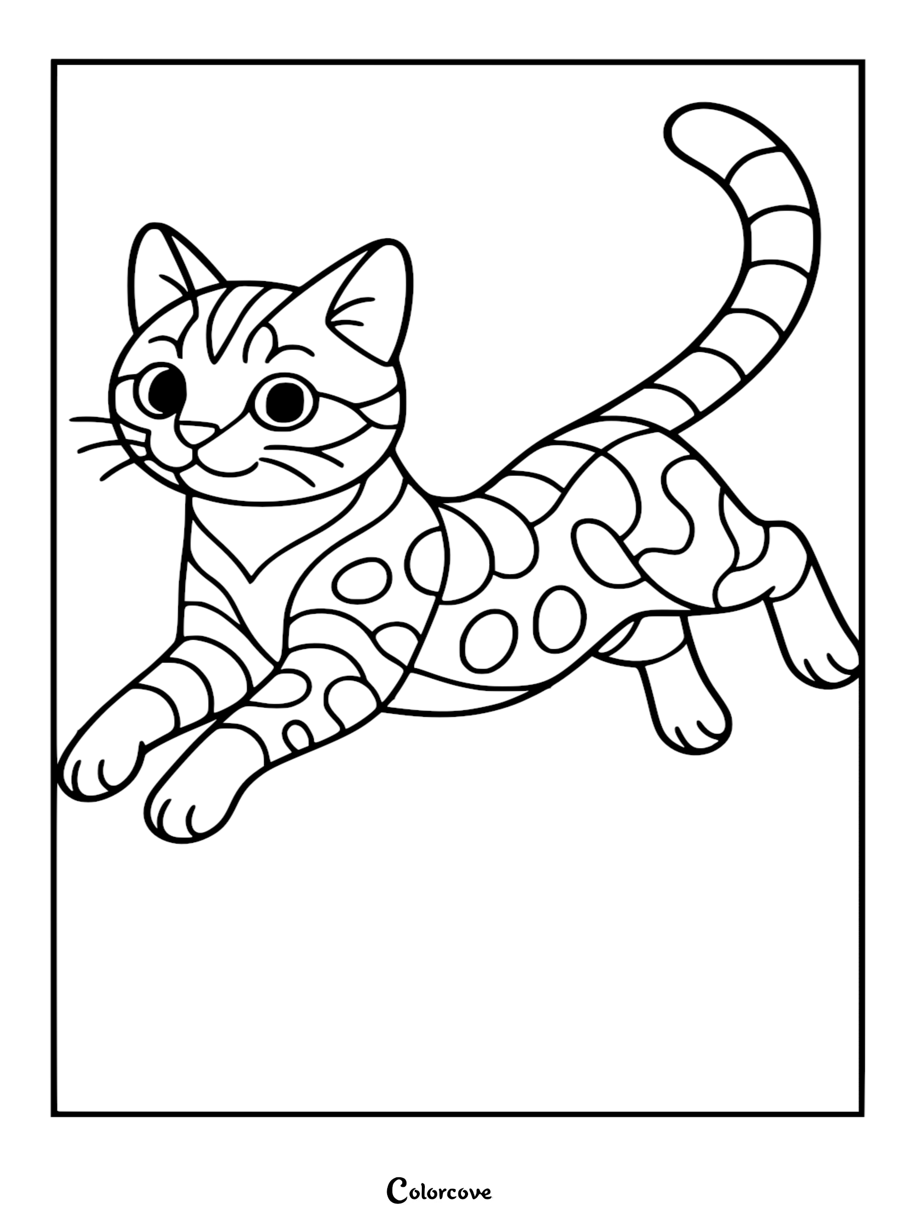 A playful Bengal cat with distinct spotted markings leaping forward in this printable coloring page.