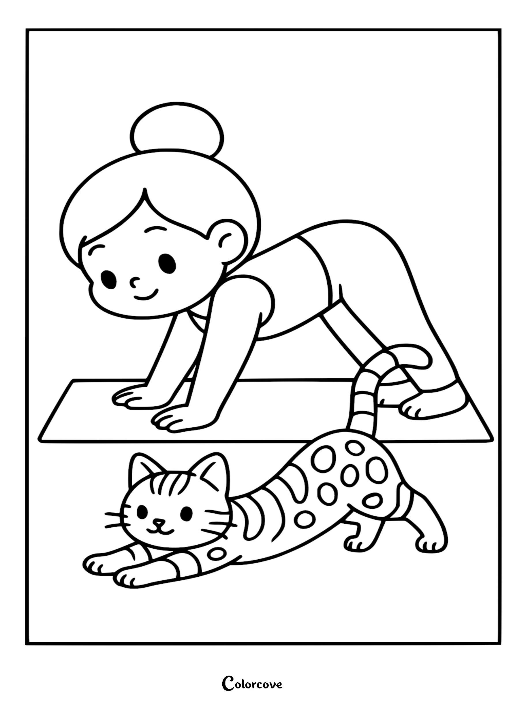 A girl and a spotted Bengal cat doing yoga poses together in this printable coloring page.