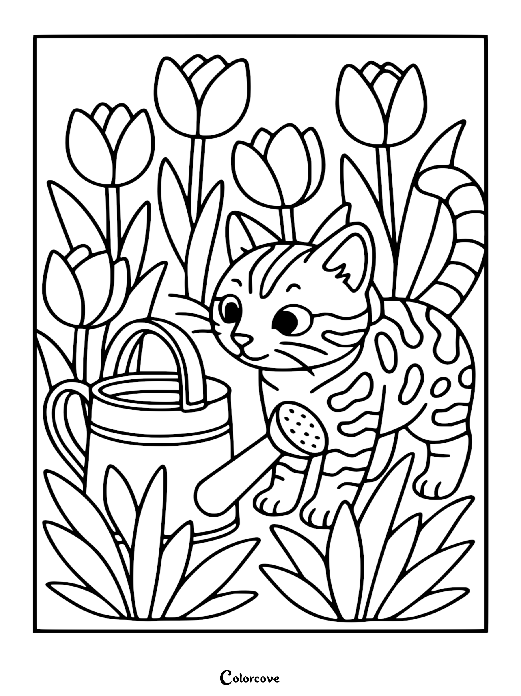 A cute Bengal cat playing with a watering can in a garden of tulips on this printable coloring page.