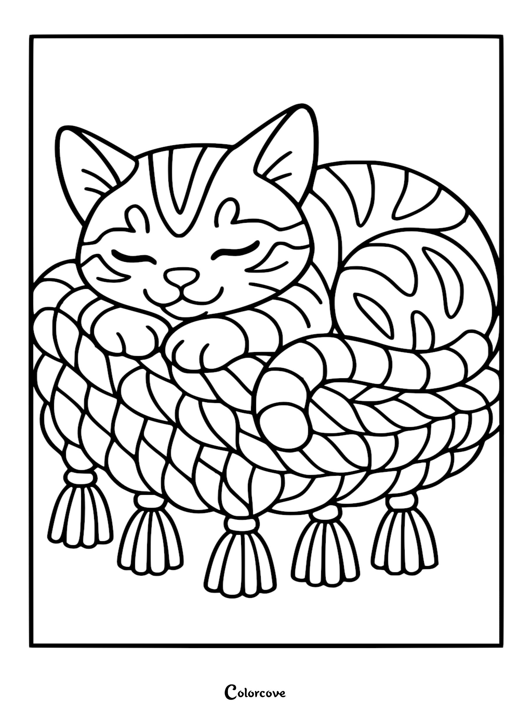A cute Bengal cat sleeping curled up in a woven basket with tassels, printable coloring page.