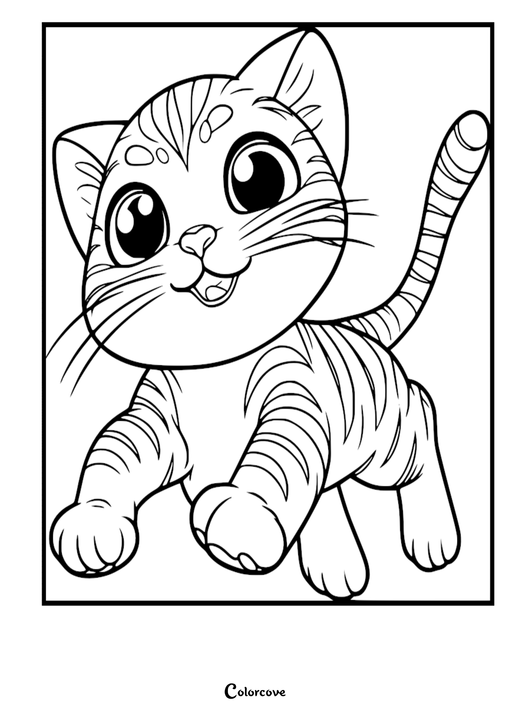 A cute Bengal cat with large eyes and striped fur in a printable coloring page format.