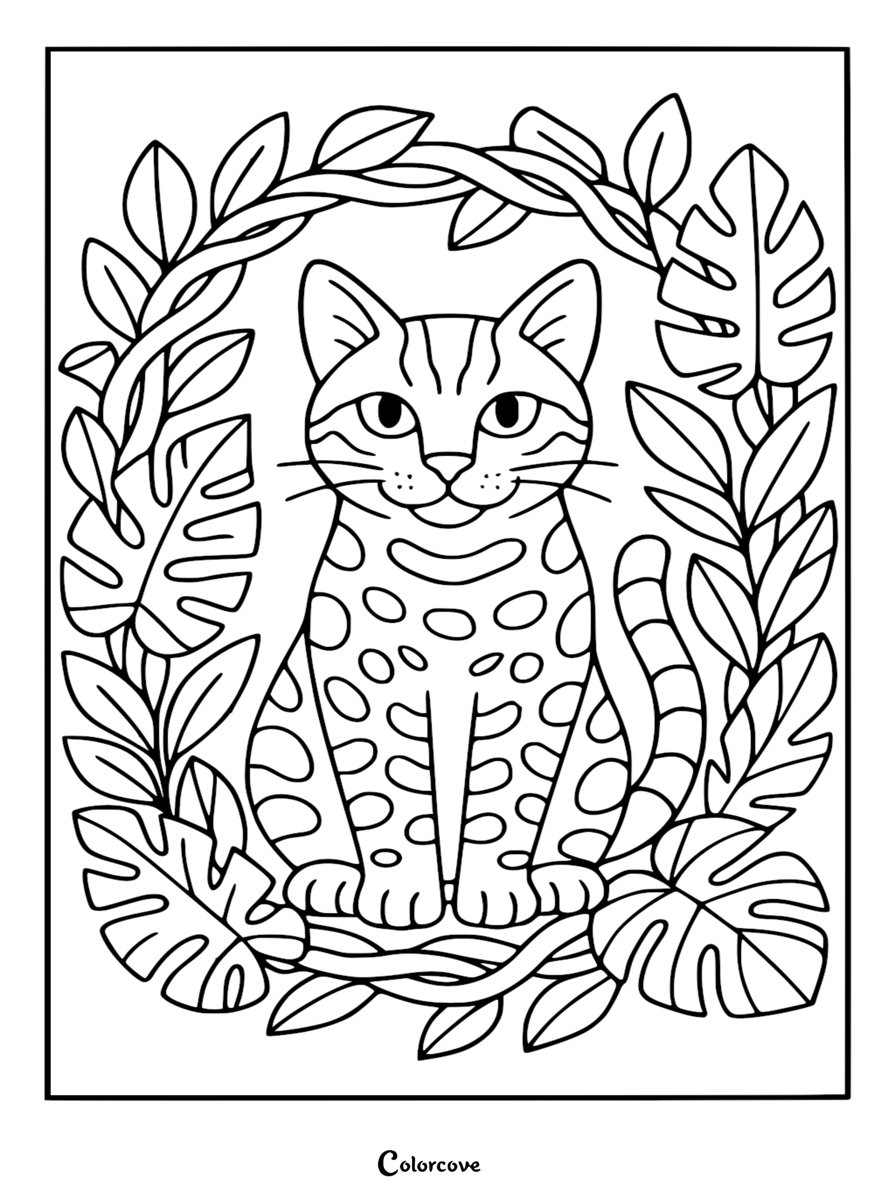 A Bengal cat sitting inside a frame of tropical leaves and vines in this printable coloring page.