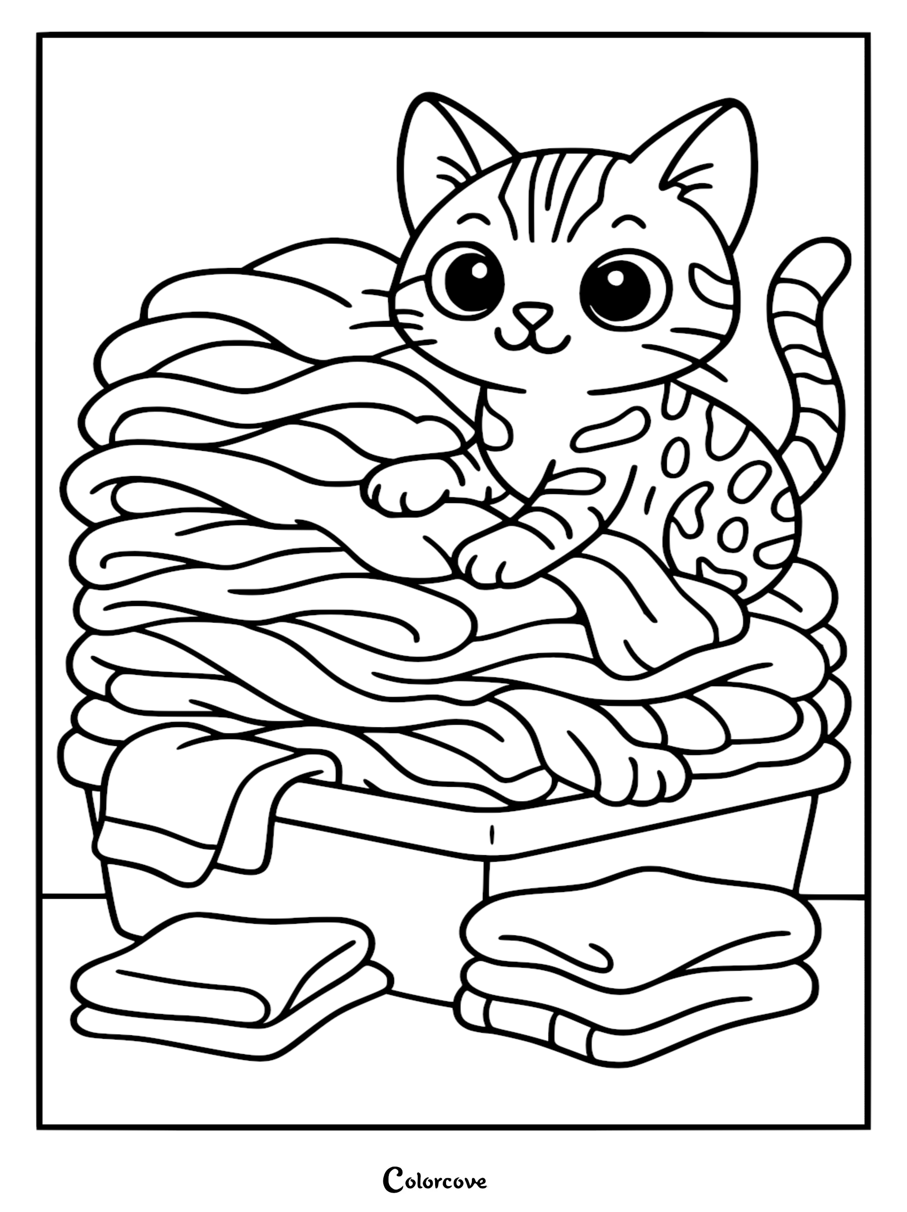 A cute Bengal cat sitting on top of a large pile of folded laundry in a basket, printable coloring page.