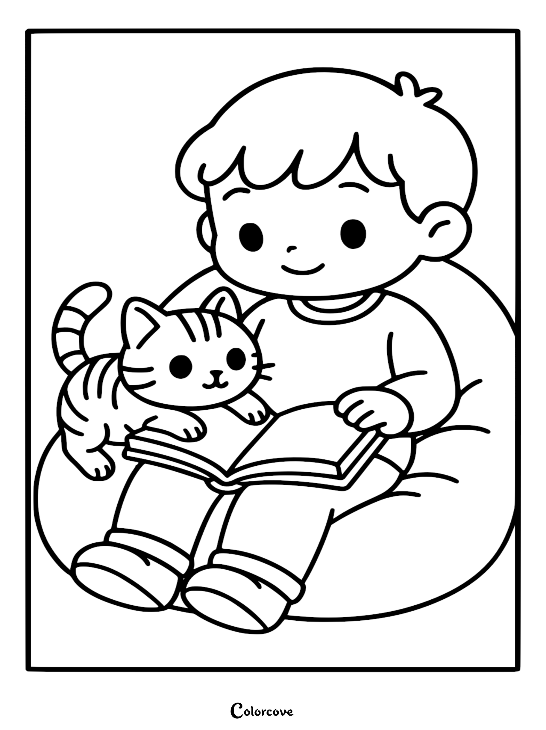A young boy sitting in a beanbag chair reading a book with a small Bengal cat, printable coloring page.
