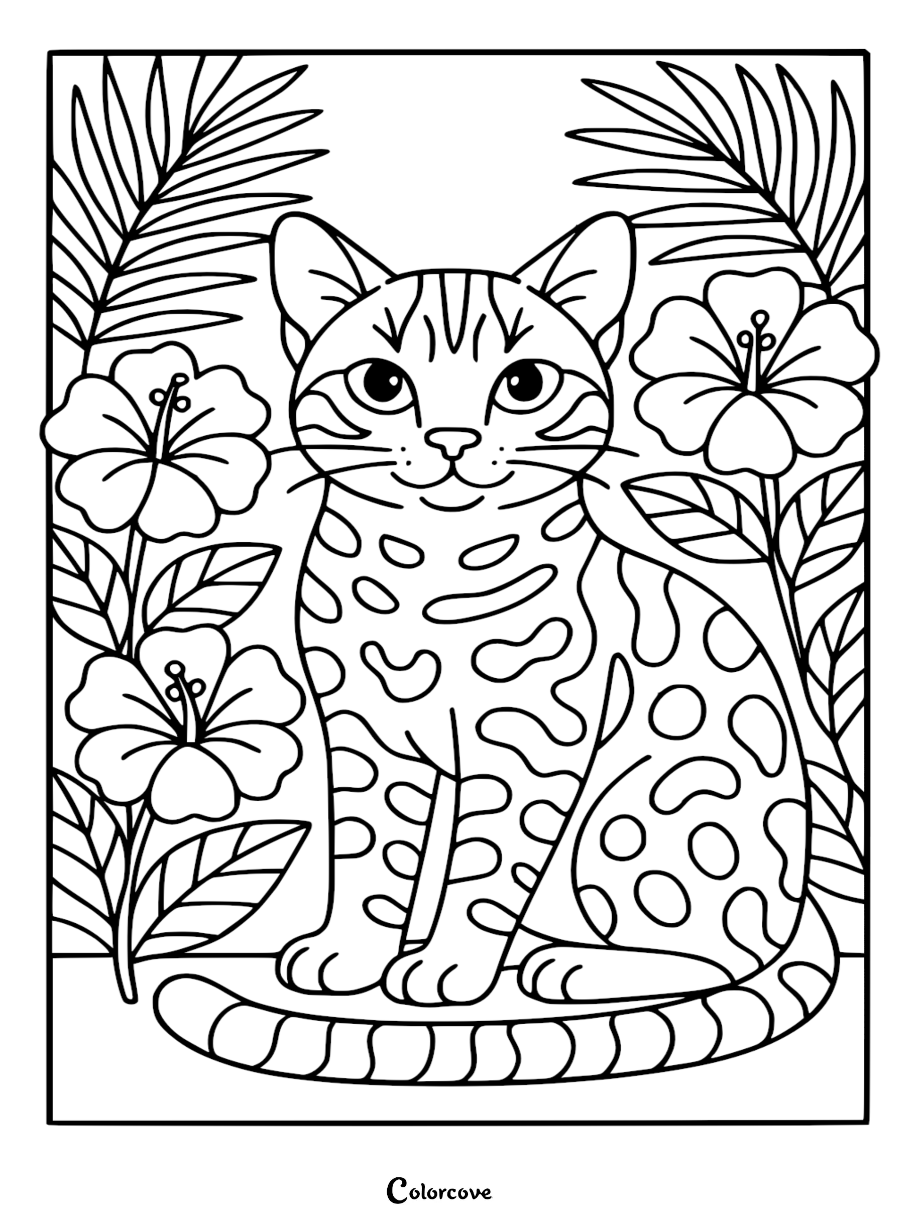 A printable Bengal Cat coloring page featuring a spotted cat sitting among tropical hibiscus flowers and palm leaves.