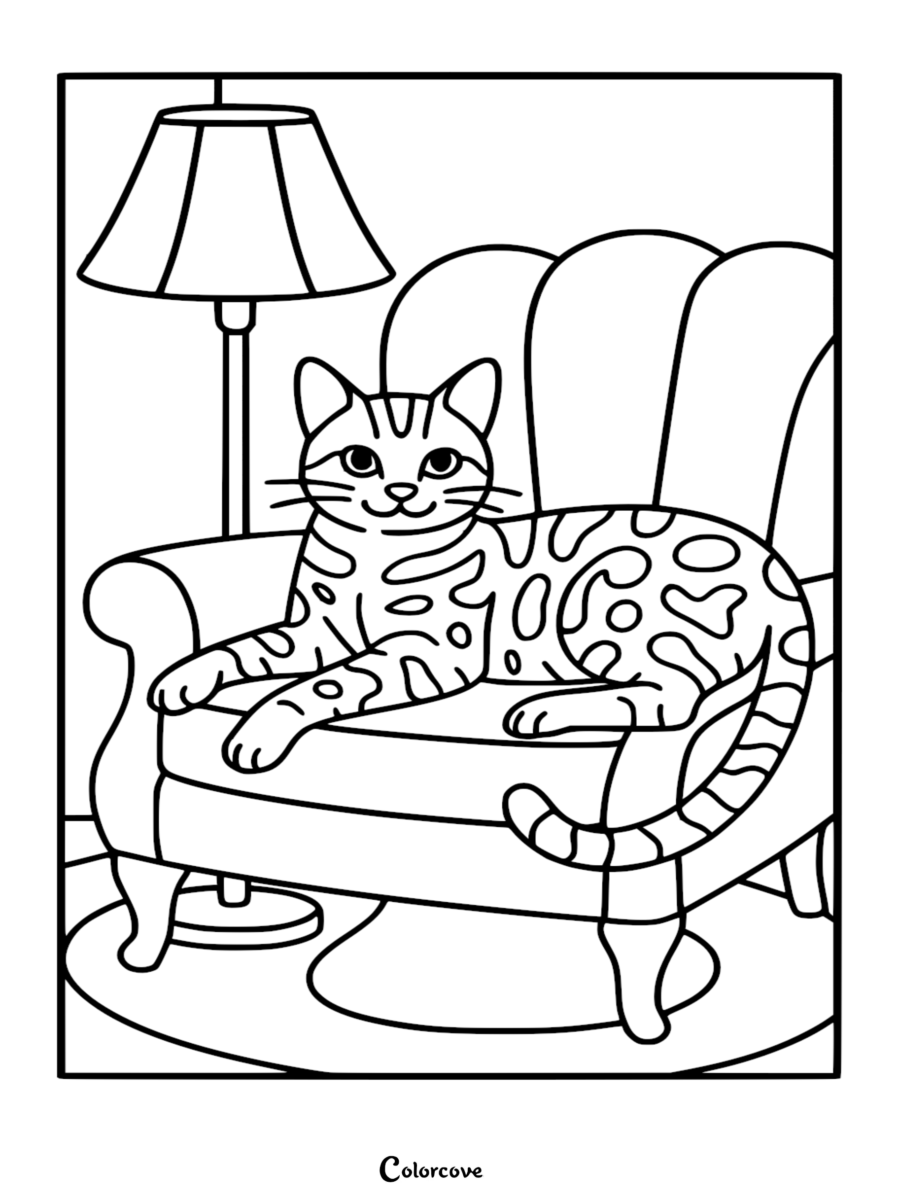 A Bengal cat with distinct spots resting on a comfortable armchair next to a floor lamp in this free printable coloring page.