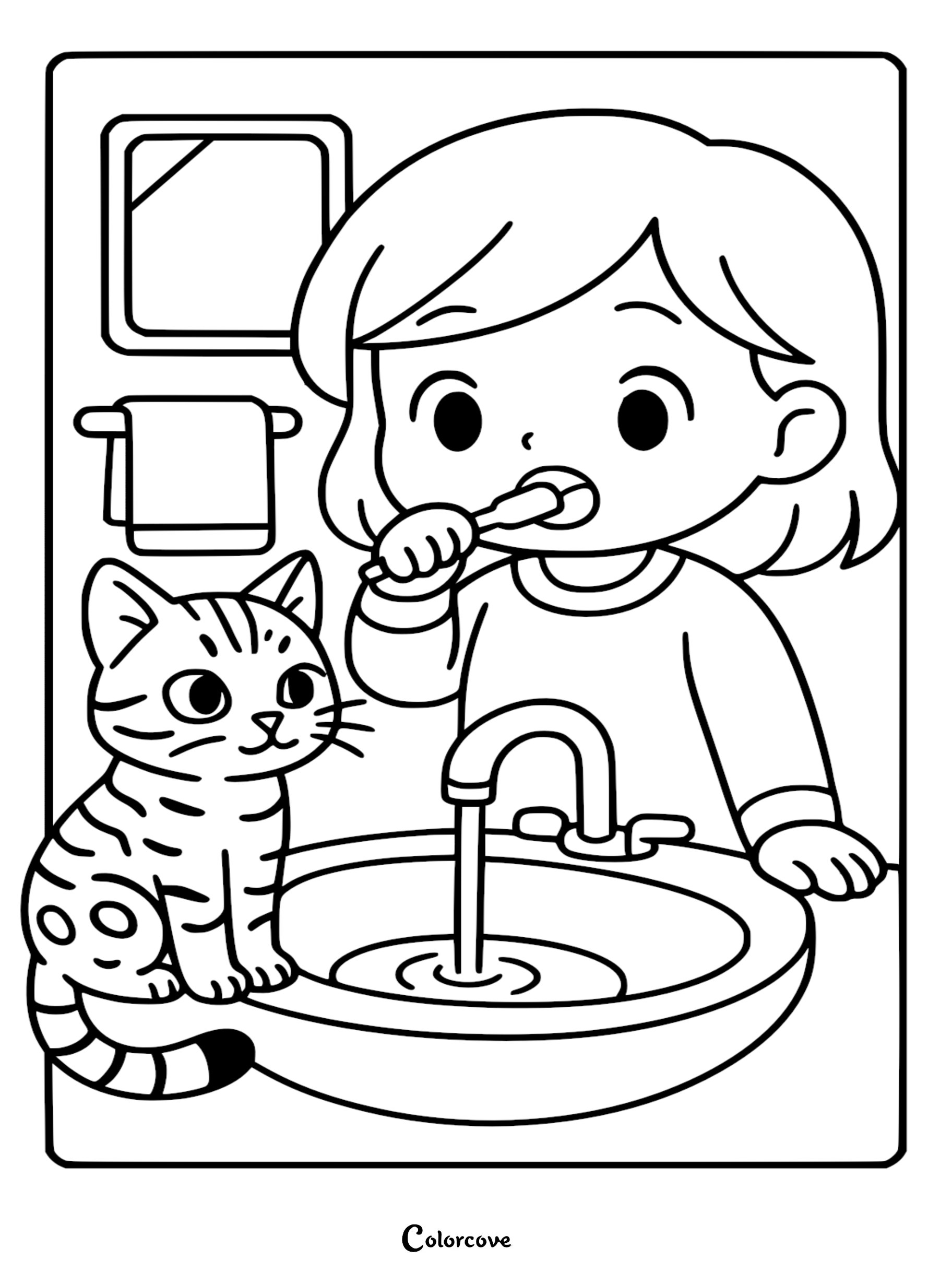 A girl brushing her teeth at the bathroom sink with a Bengal cat sitting nearby in this printable coloring page.