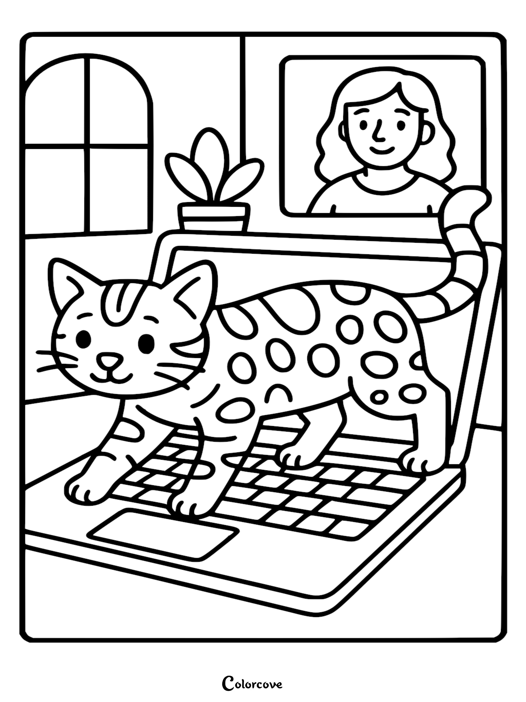 A Bengal cat walking on a laptop keyboard during a video call in this printable coloring page.