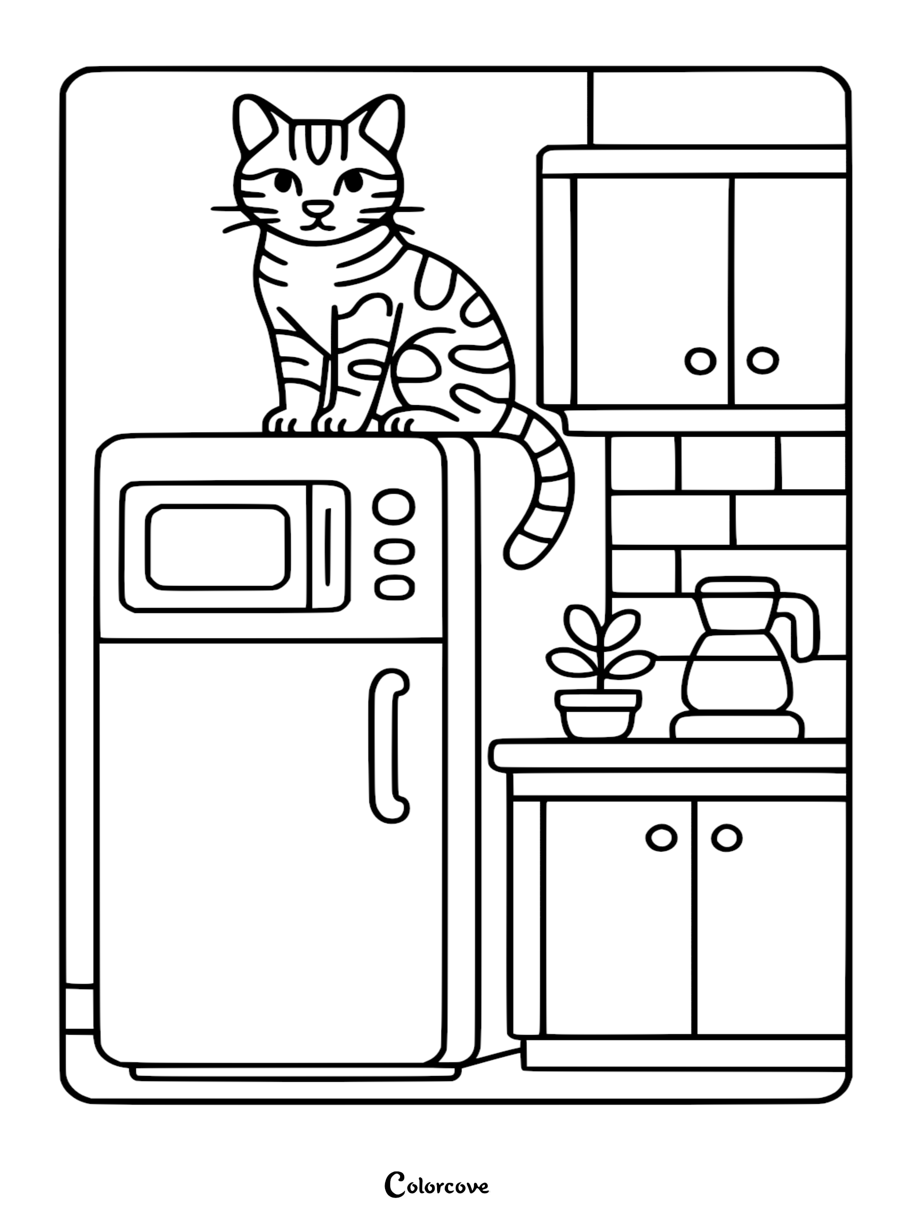 A Bengal cat with spotted fur sitting on top of a kitchen refrigerator in this printable coloring page.