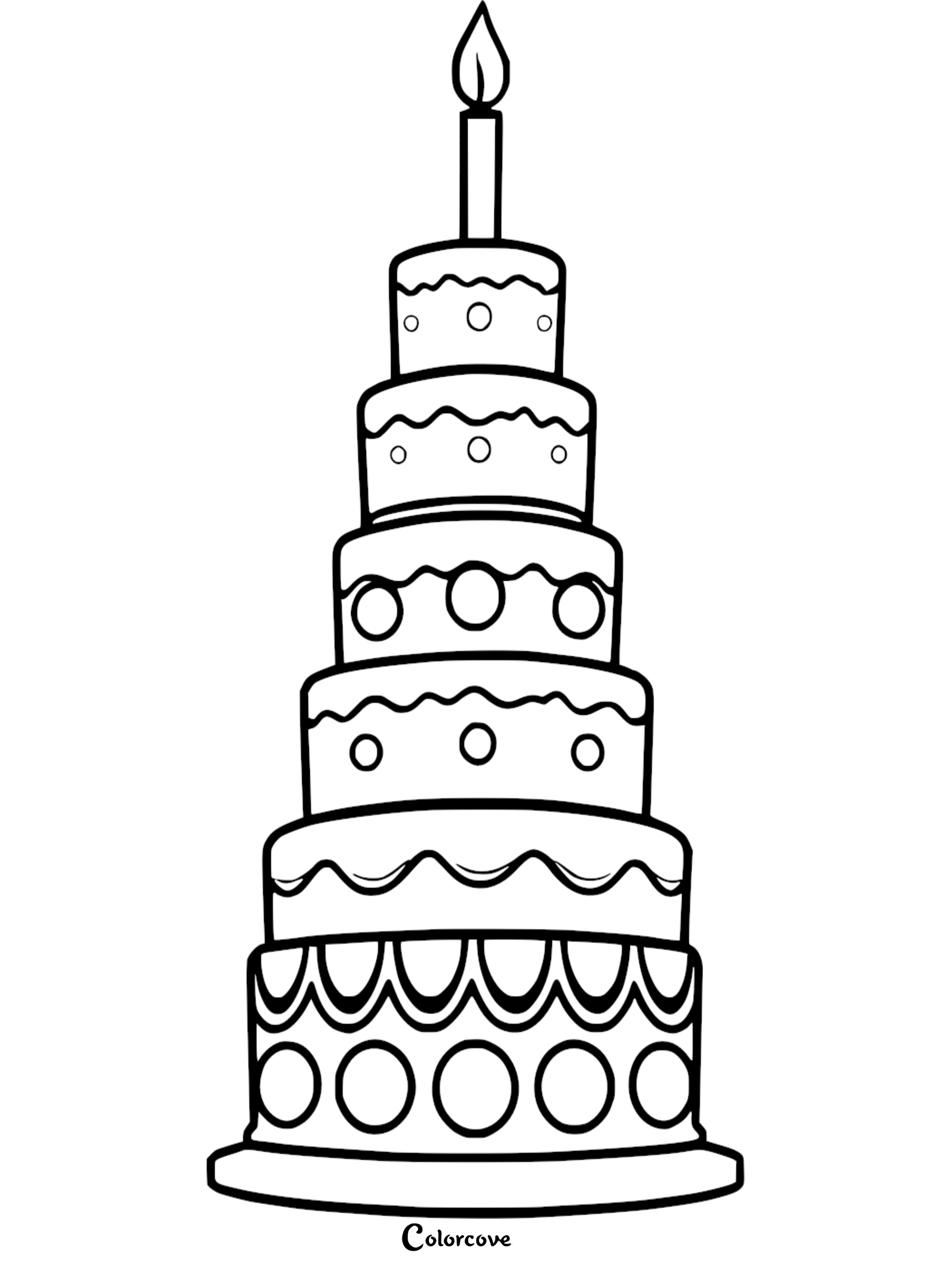 Printable birthday cake coloring page with candle for kids. Tiered cake design for creative fun. ColorCove.org