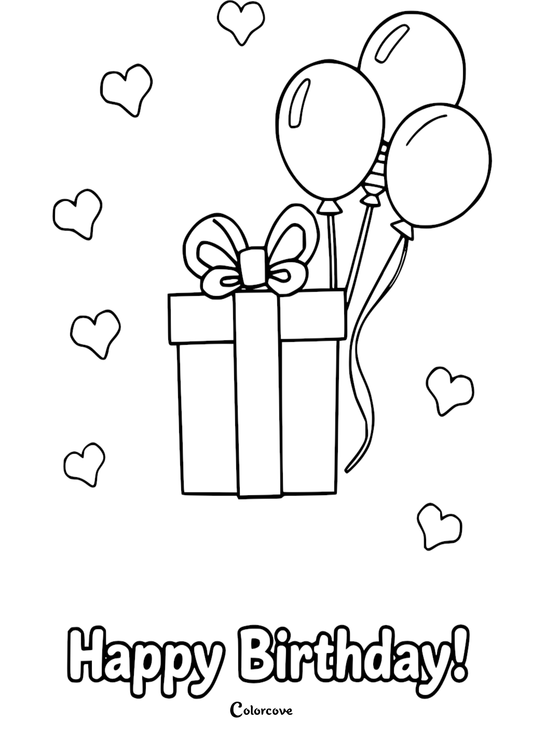 Happy Birthday coloring page with gift box, balloons, and hearts, perfect for kids. Download and print this fun activity.