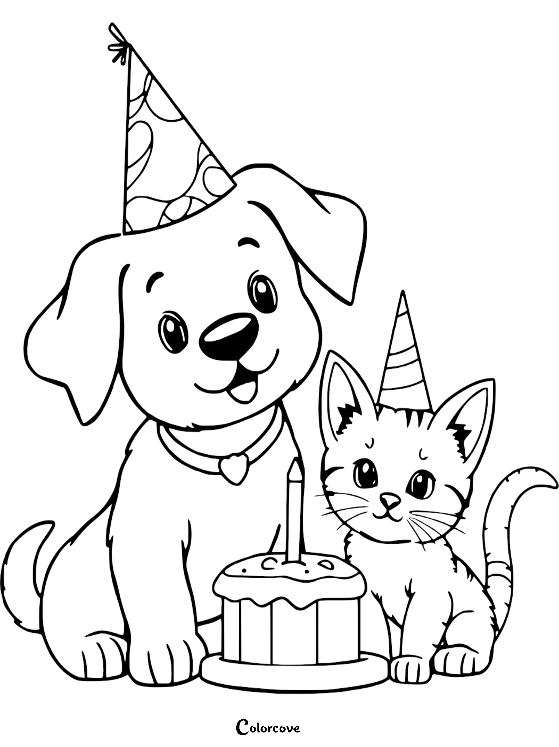 Dog and cat with party hats sitting by a birthday cake, coloring page.
