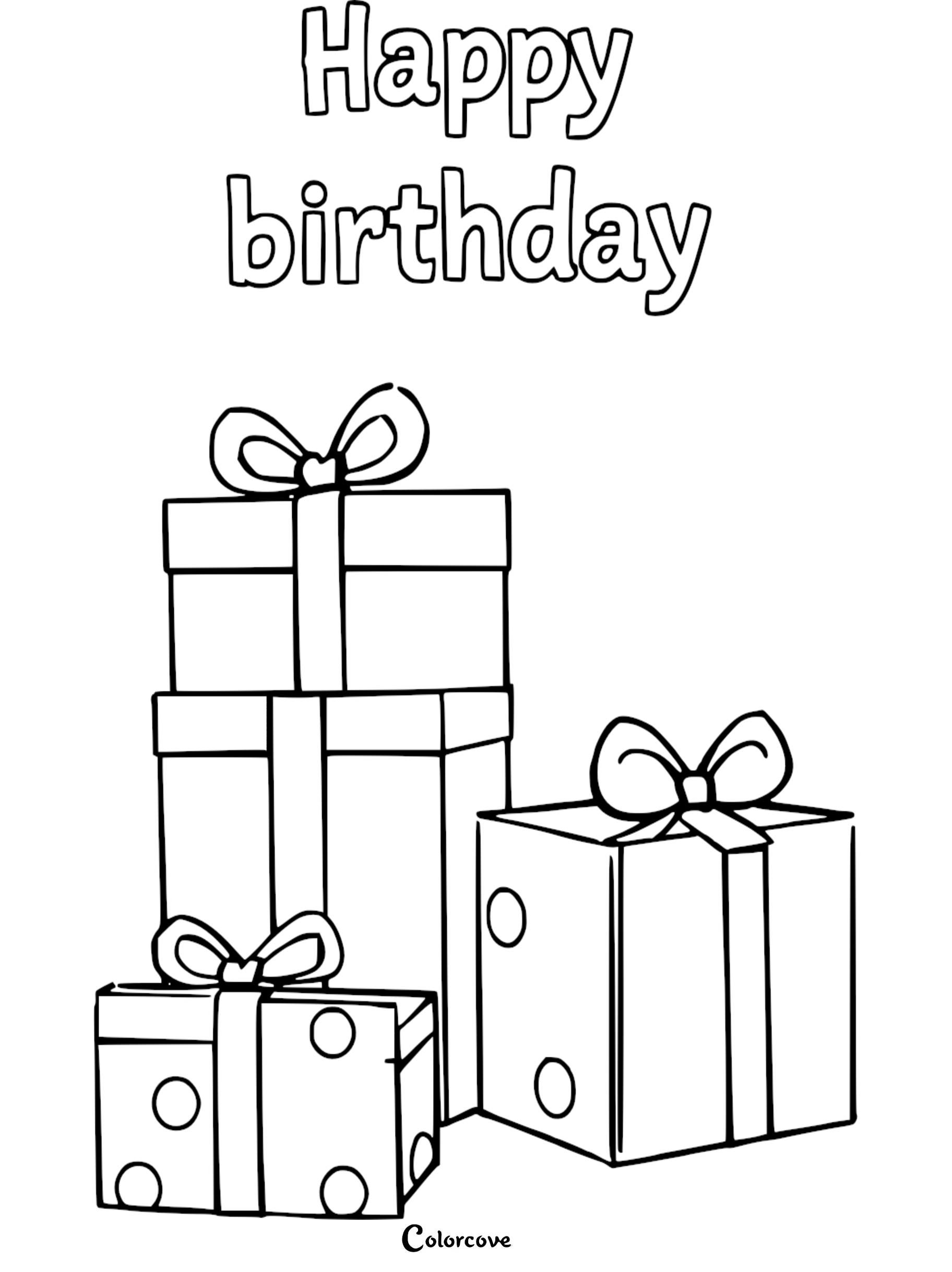 Happy Birthday coloring page with stacked gift boxes and bows, perfect for kids and birthday celebrations.