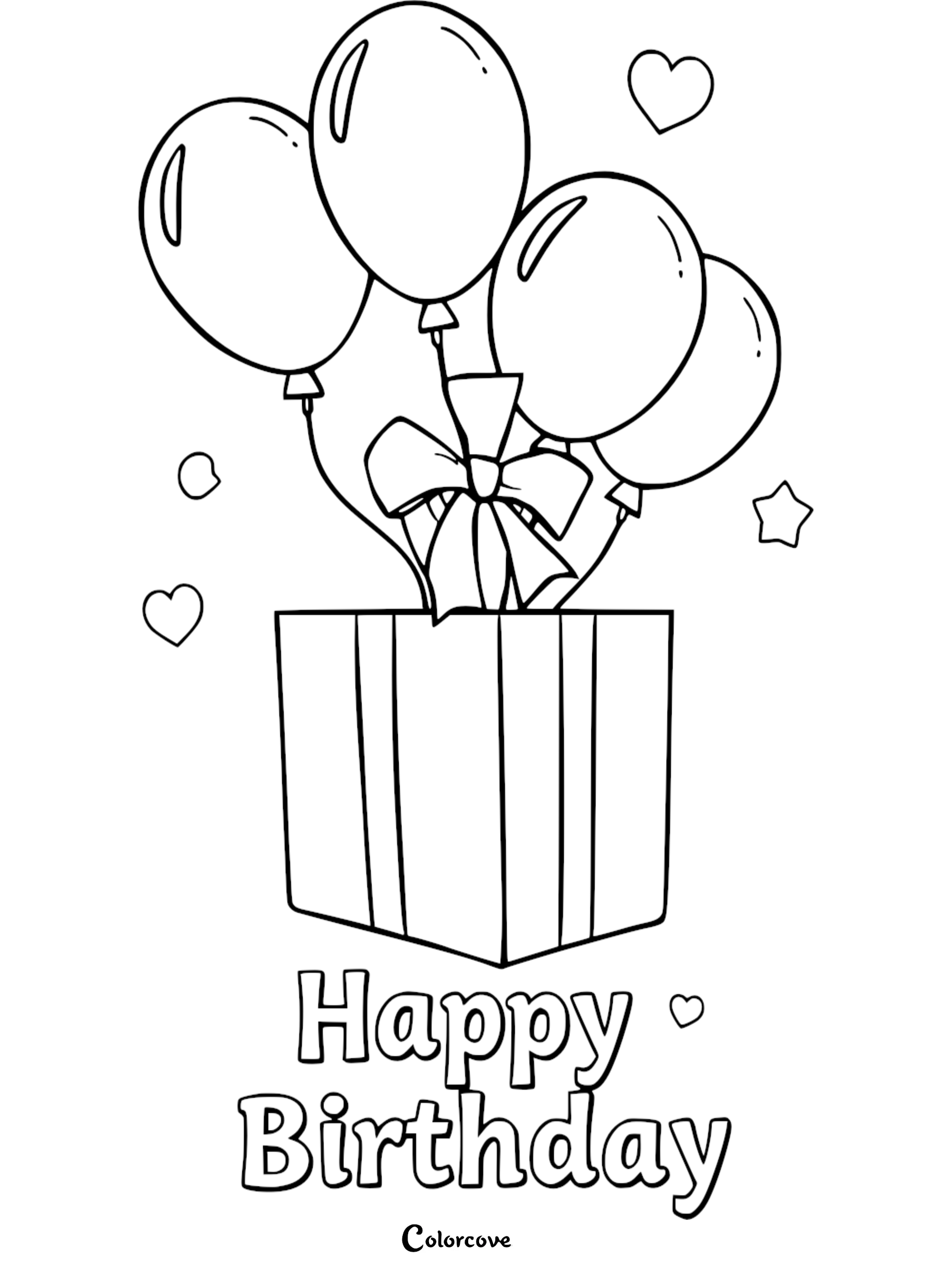 Coloring page with Happy Birthday text, balloons, and gift box for kids and adults to color and celebrate.