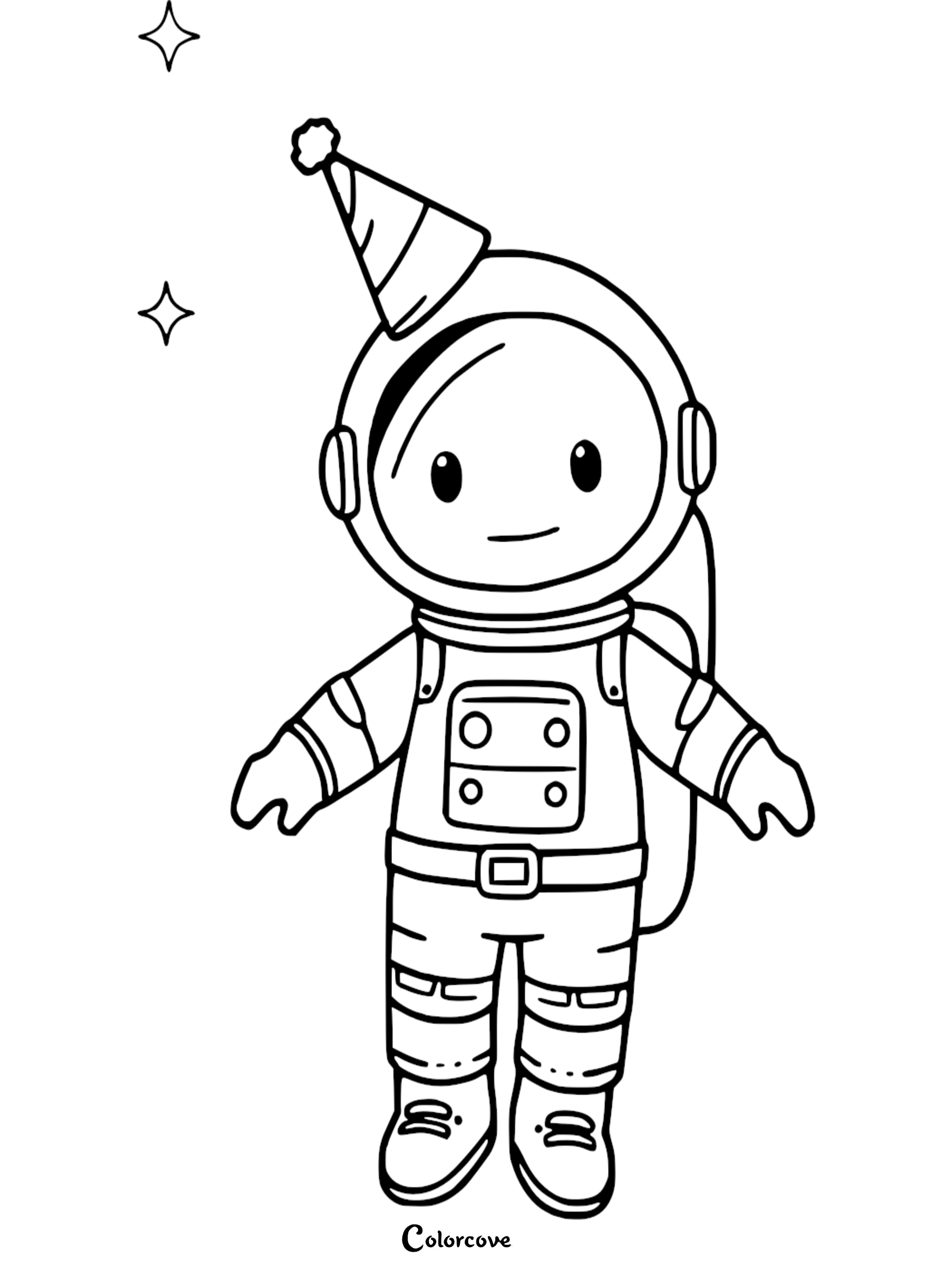 Cute astronaut in party hat coloring page with stars, ideal for kids' creative activities.