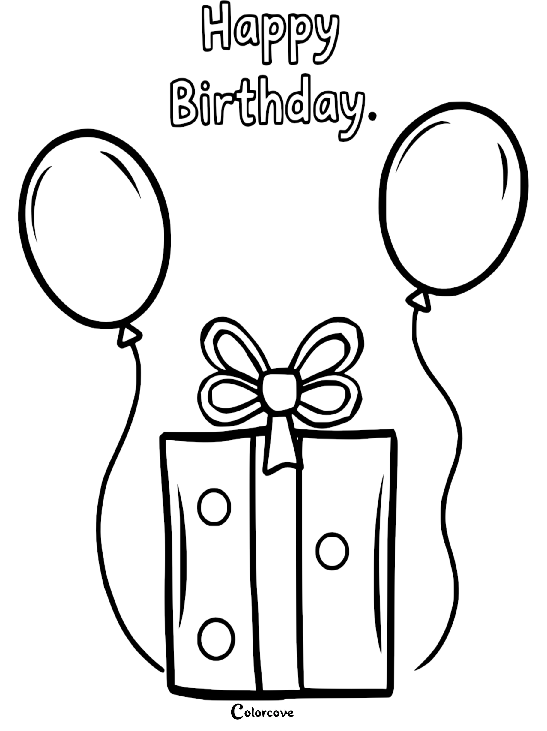 Happy birthday coloring page with gift box and balloons for kids, free printable activity.