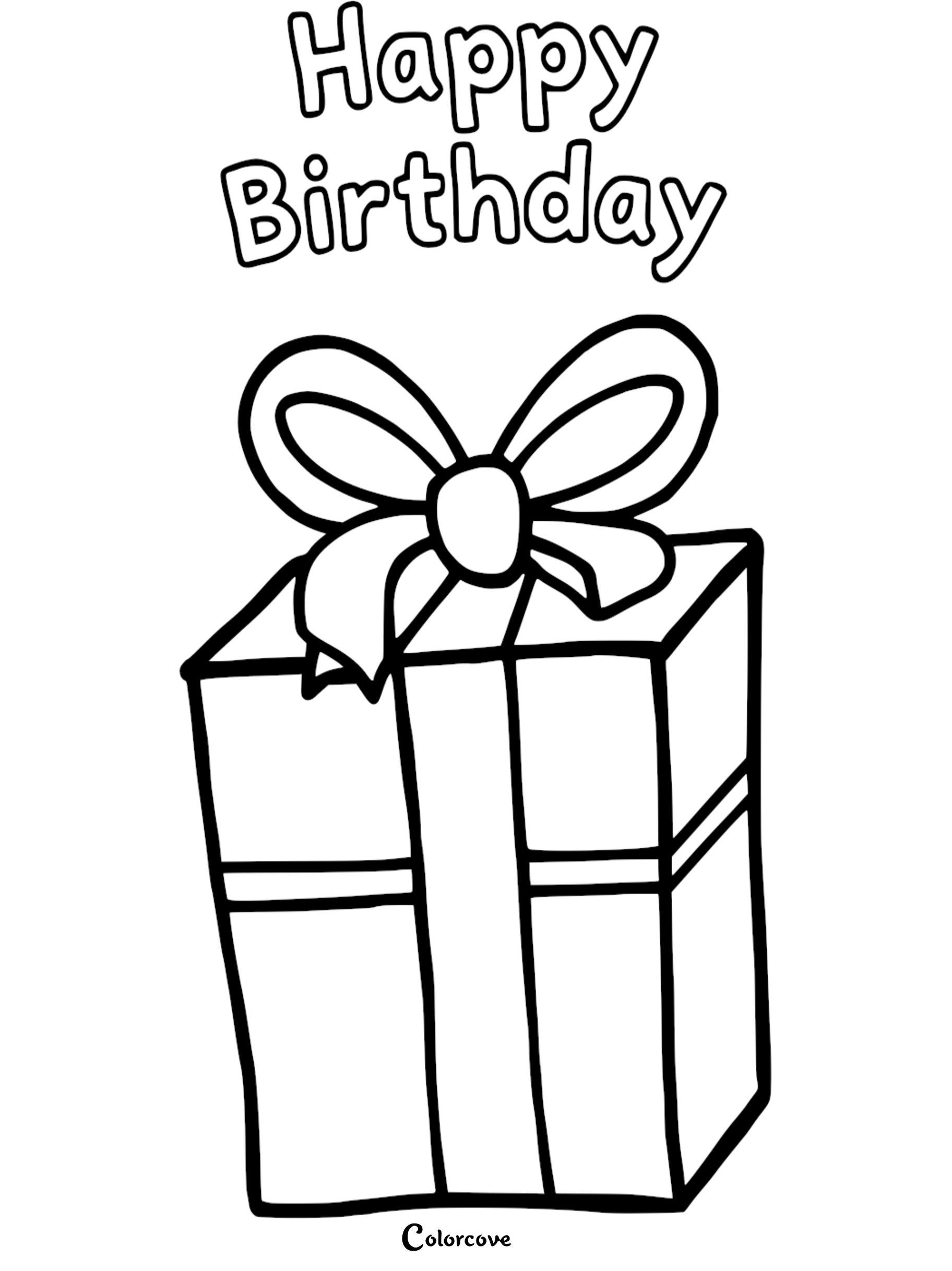 Happy birthday gift coloring page with large bow, perfect for kids' creative fun.
