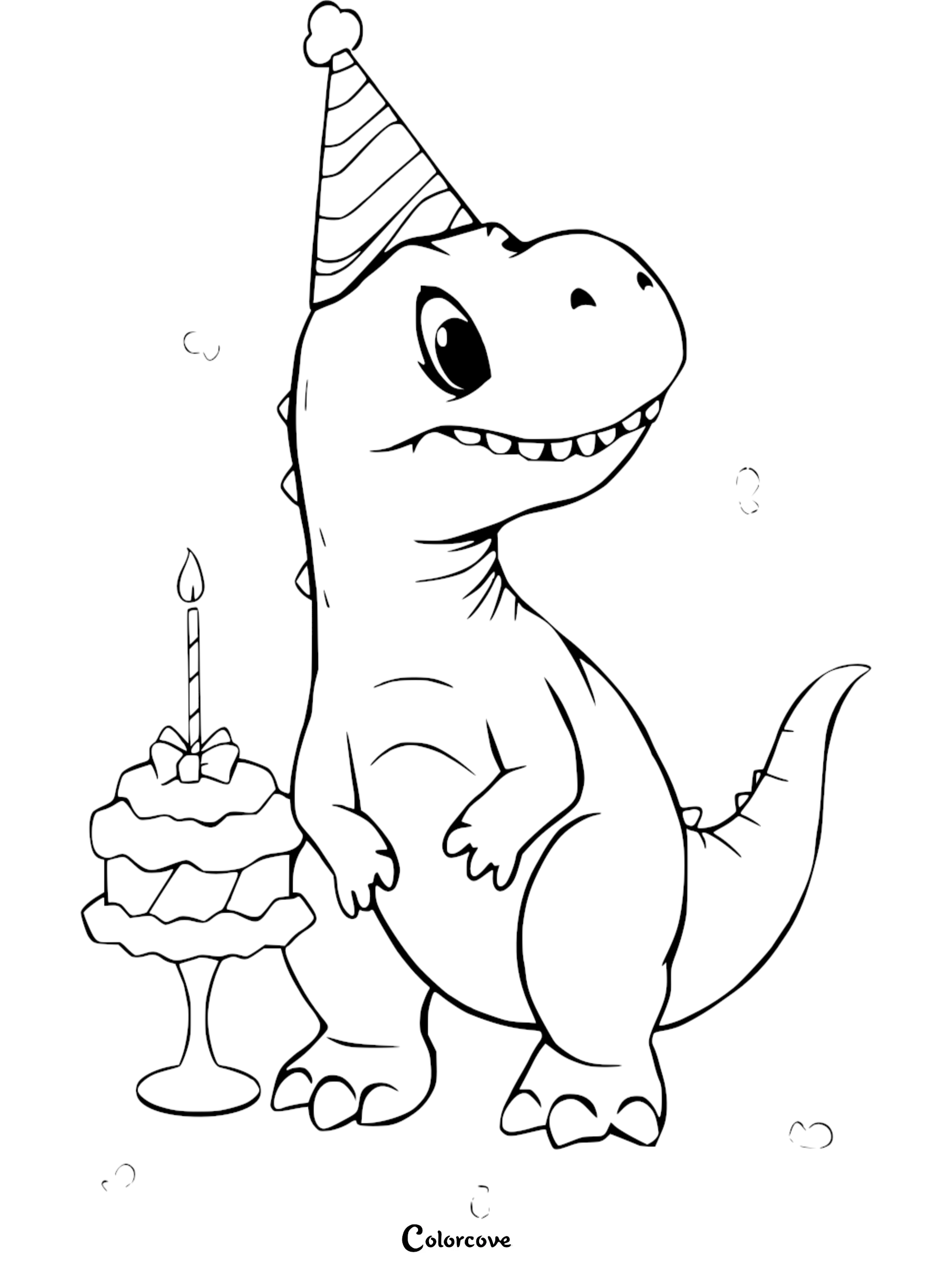 Cute dinosaur in a party hat with birthday cake coloring page. Perfect for kids' fun activities and creativity.