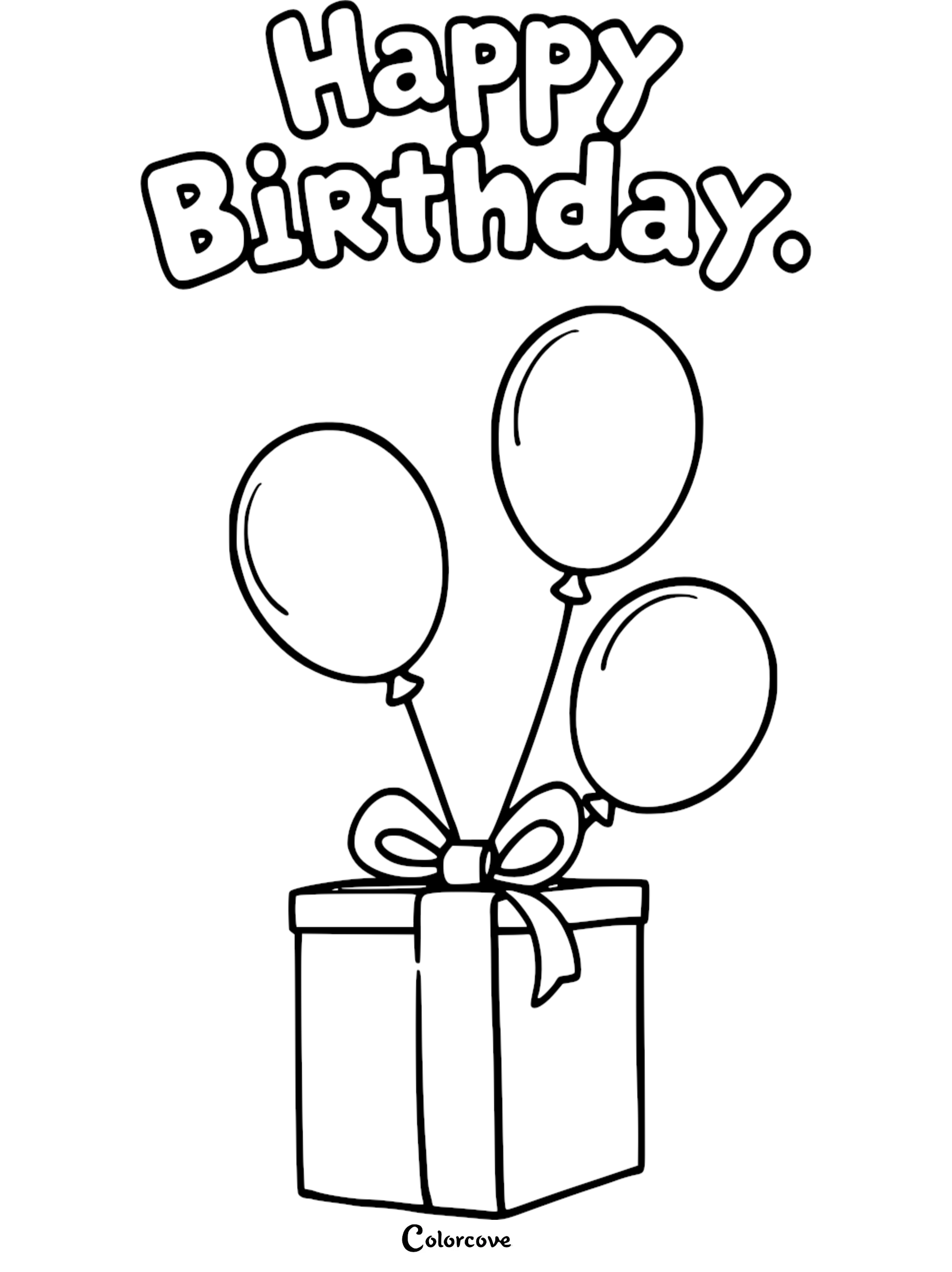 Happy Birthday coloring page with balloons and gift box for kids' creative fun.
