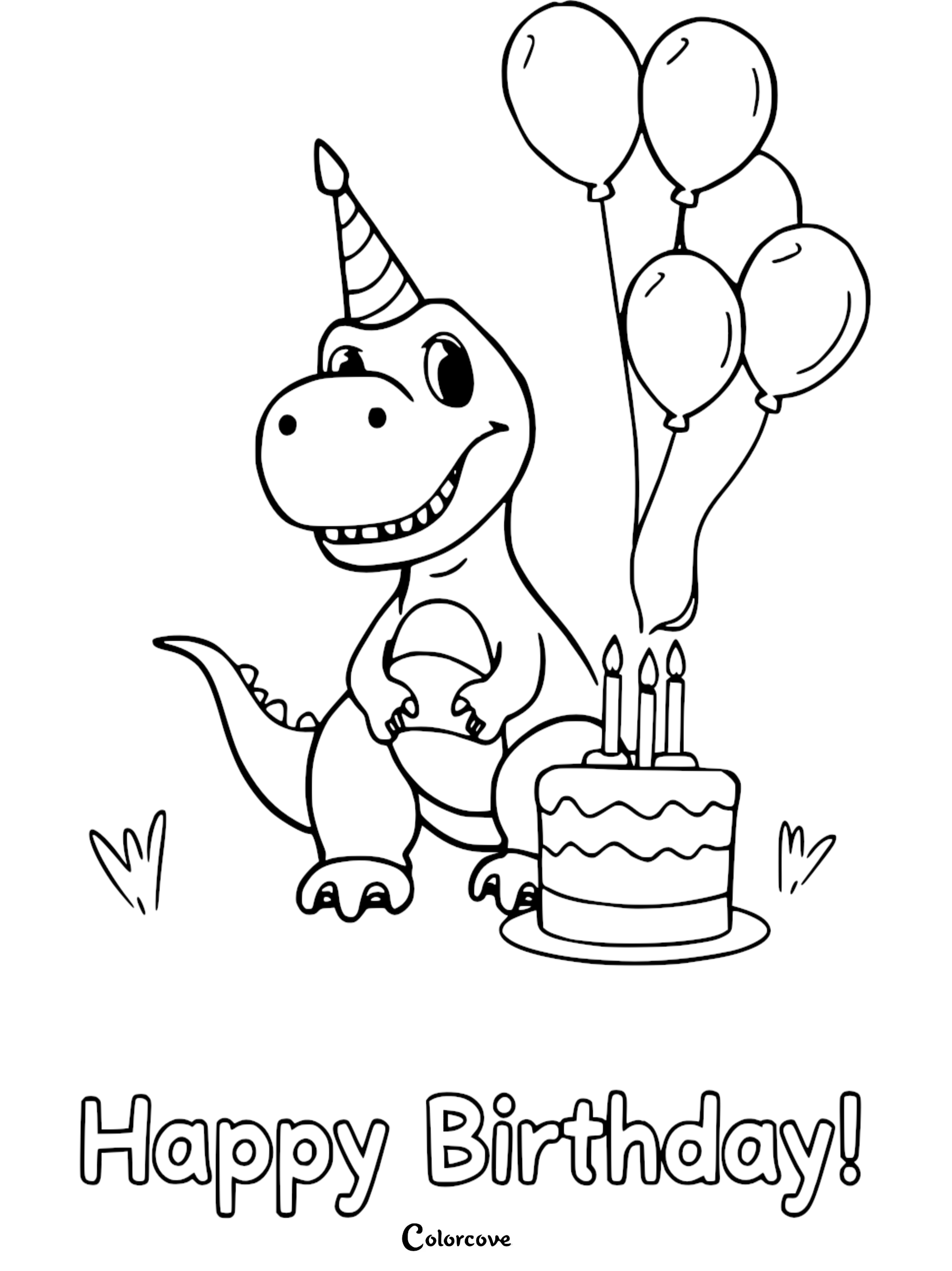 Dinosaur birthday coloring page with cake, balloons, and party hat. Perfect for kids' celebrations and fun activities.