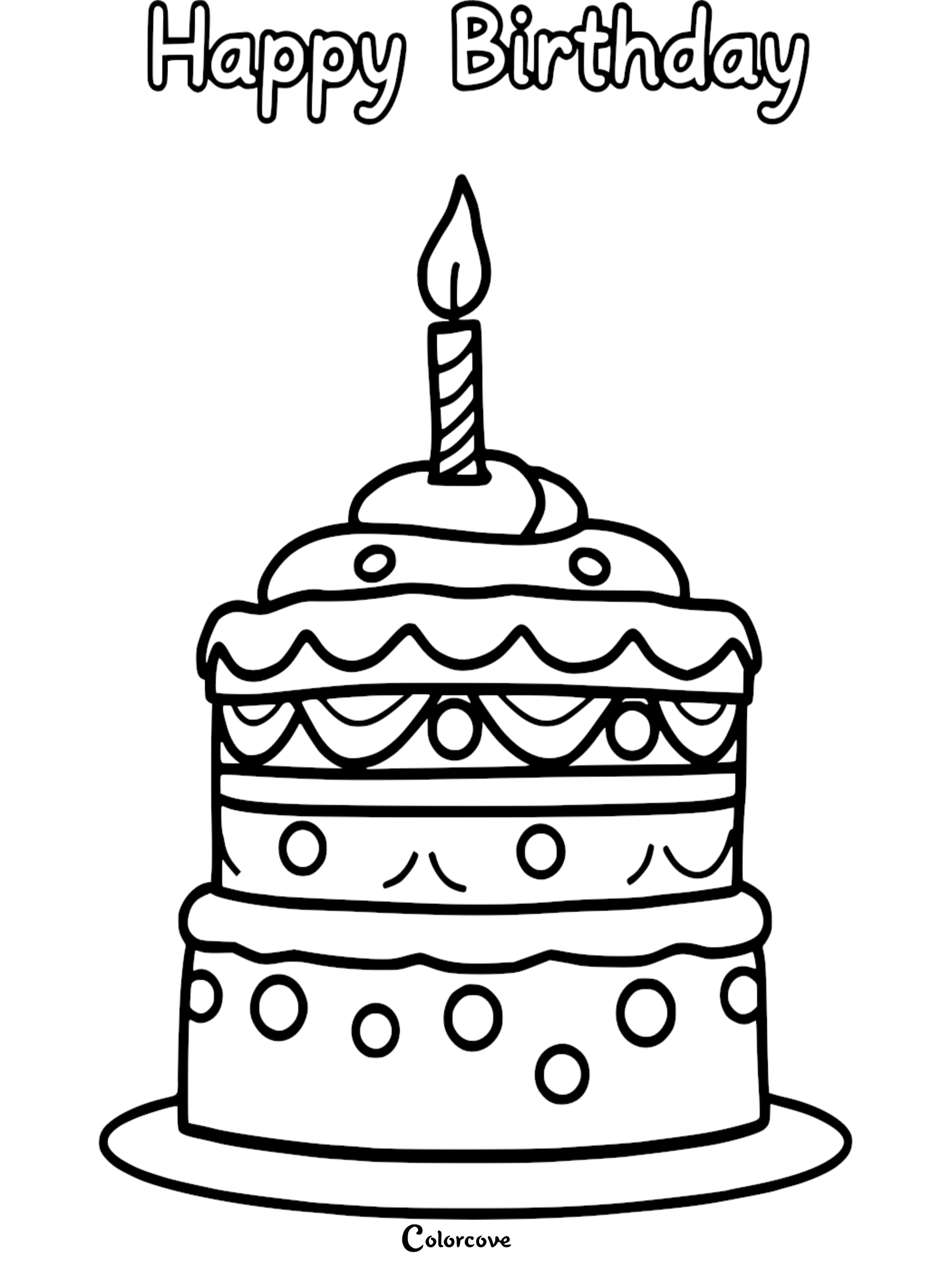 Happy birthday cake coloring page with a candle, perfect for kids' creativity and celebration fun.