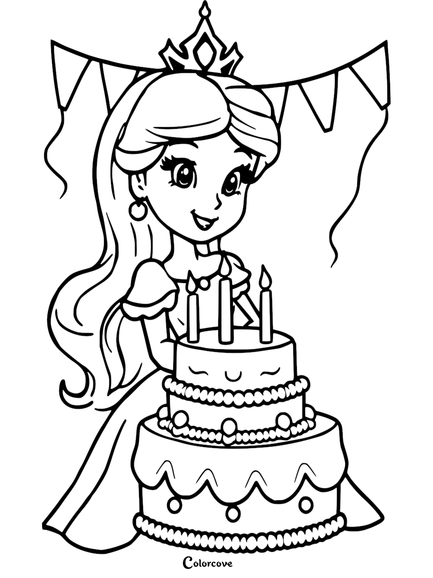 Princess with birthday cake coloring page; girl wearing crown, three-tier cake, and bunting decoration.