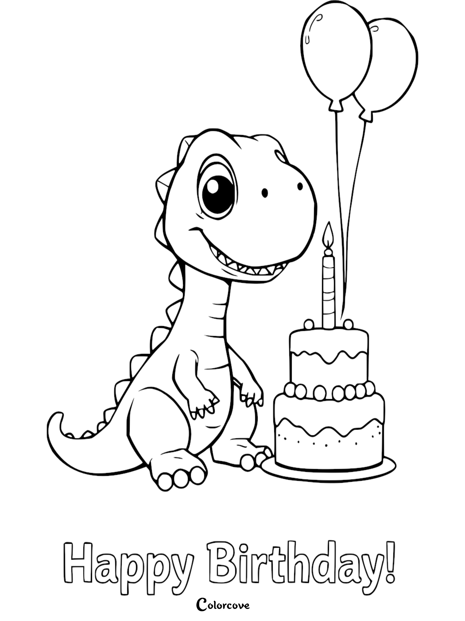 Dinosaur birthday coloring page with cake and balloons, perfect for kids' celebrations and creative fun.
